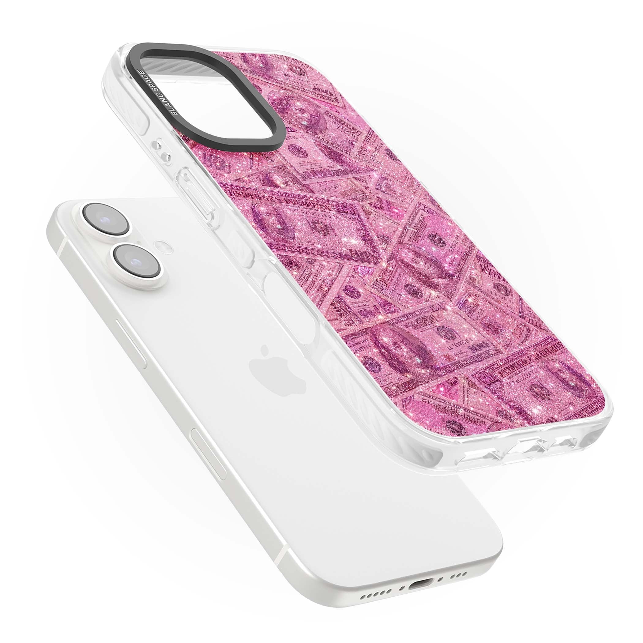 Glamorous baddie iPhone case featuring pink glitter hundred dollar bills and sparkling money wallpaper design | Clear Impact case for iPhone 16, iPhone 16 Plus