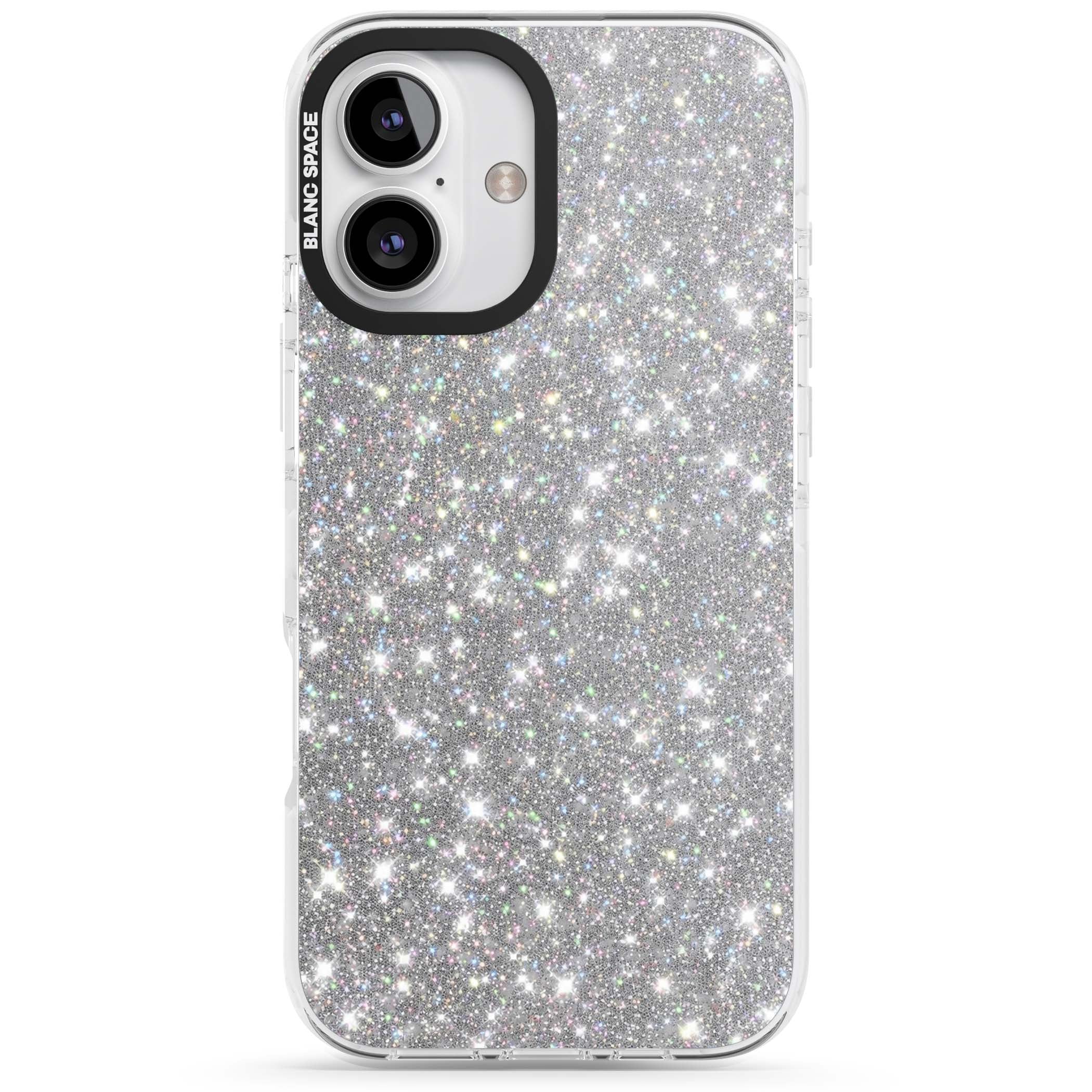 Diamond glam iPhone case featuring silver glitter sparkle and shimmering diamond dust effect | Clear Impact case for iPhone 16, iPhone 16 Plus