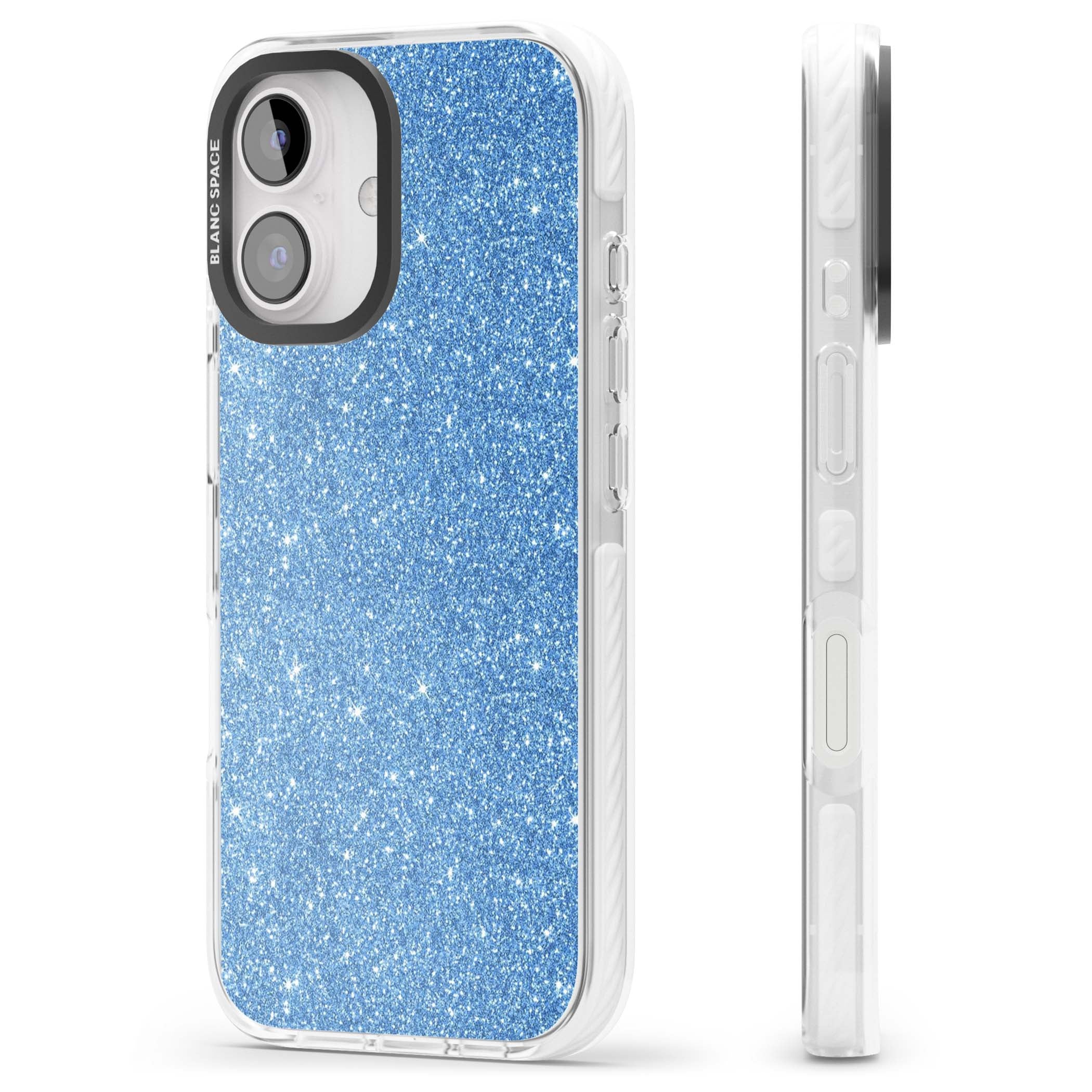 Blue Glitter blue glitter iPhone case featuring dense sparkling cerulean glitter with a glamorous shimmering finish | Clear Impact case for iPhone 16, iPhone 16 Plus