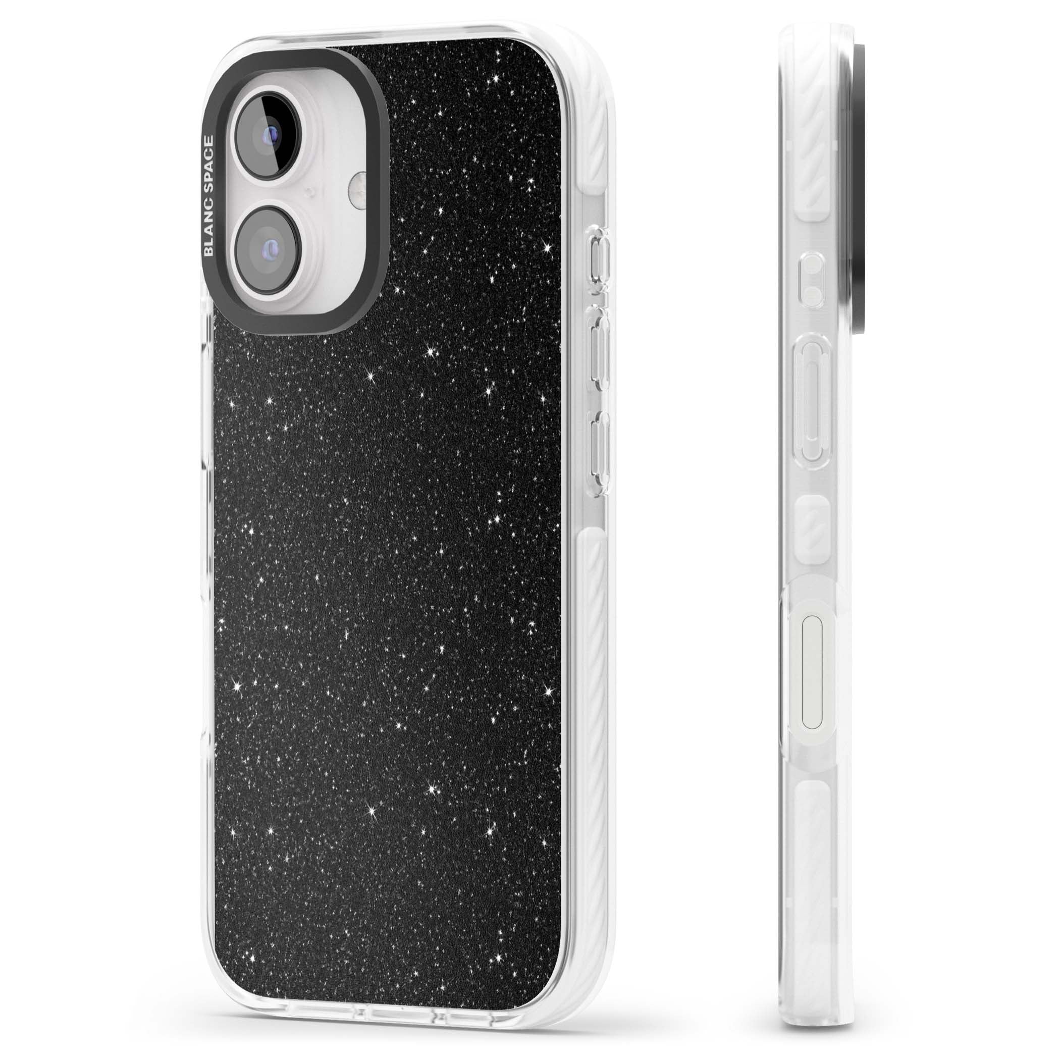 Black Glitter black glitter iPhone case featuring an all-over sparkly shimmer pattern on a jet black base | Clear Impact case for iPhone 16, iPhone 16 Plus