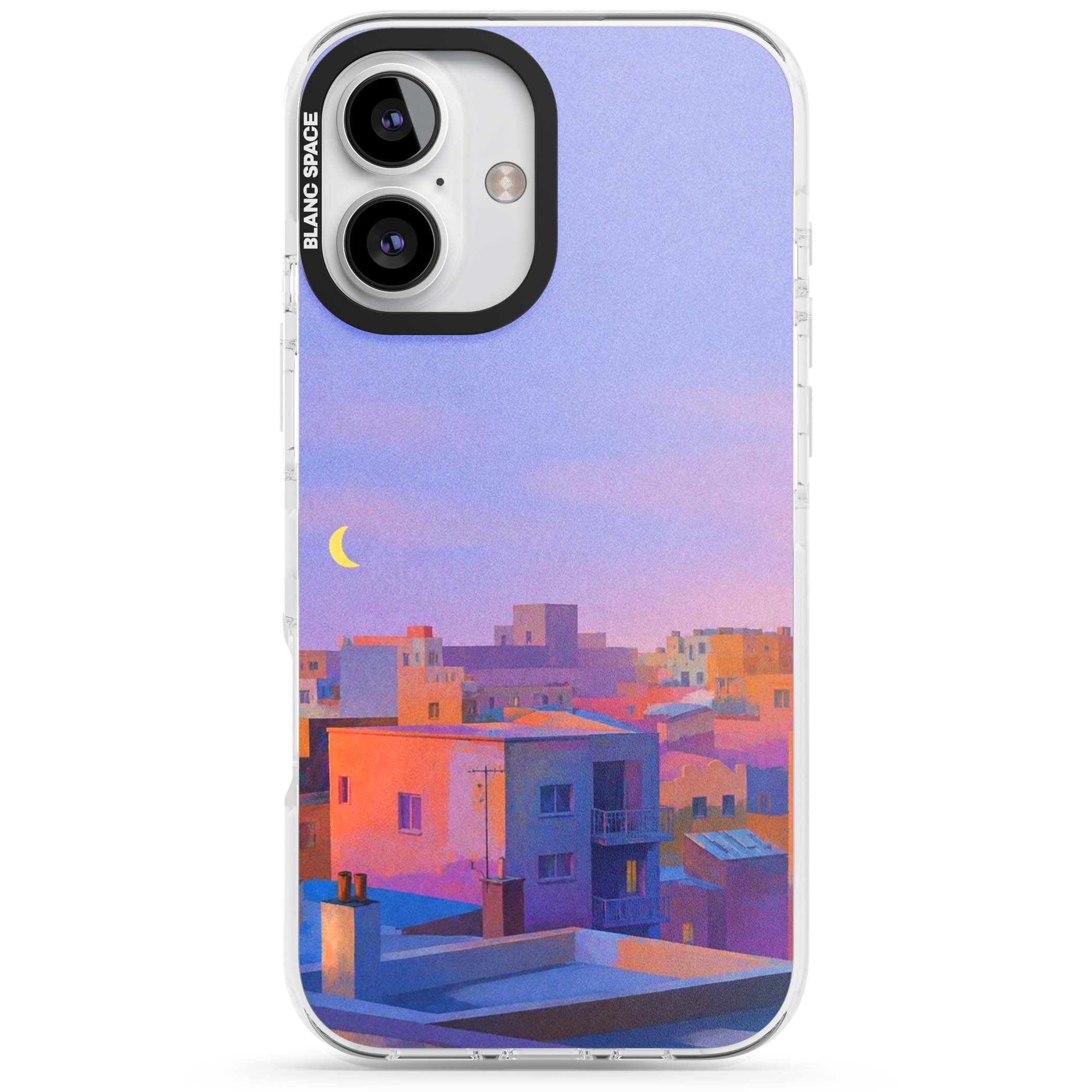 Twilight Rooftops vaporwave iPhone case featuring a pastel sunset cityscape, painted rooftops and a crescent moon. | Clear Impact case for iPhone 16, iPhone 16 Plus
