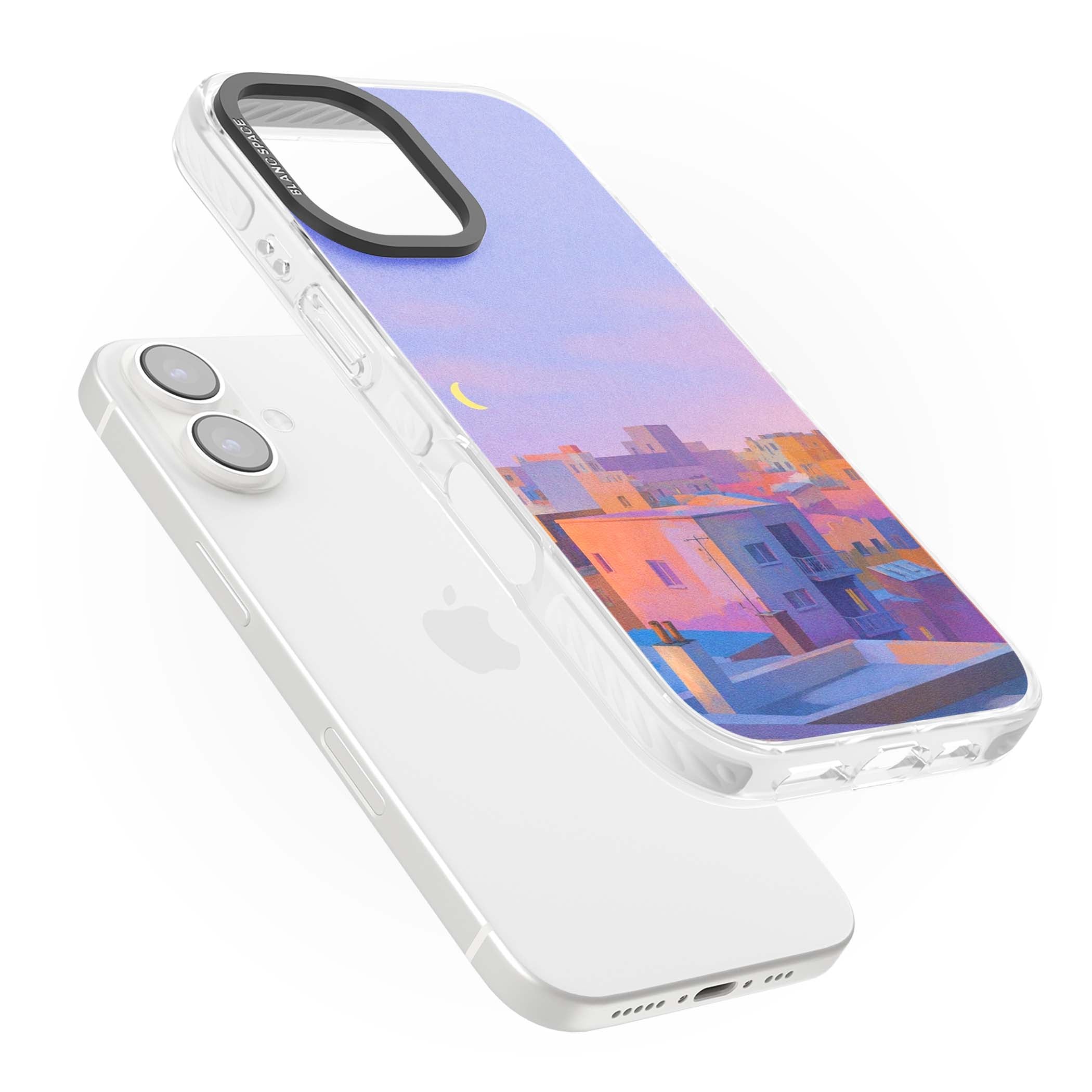 Twilight Rooftops vaporwave iPhone case featuring a pastel sunset cityscape, painted rooftops and a crescent moon. | Clear Impact case for iPhone 16, iPhone 16 Plus