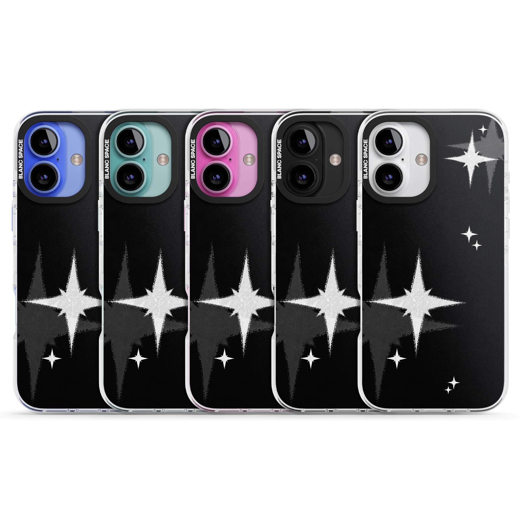 Black Sparkle celestial iPhone case featuring white sparkle stars on a black night sky background | Clear Impact case for iPhone 16, iPhone 16 Plus