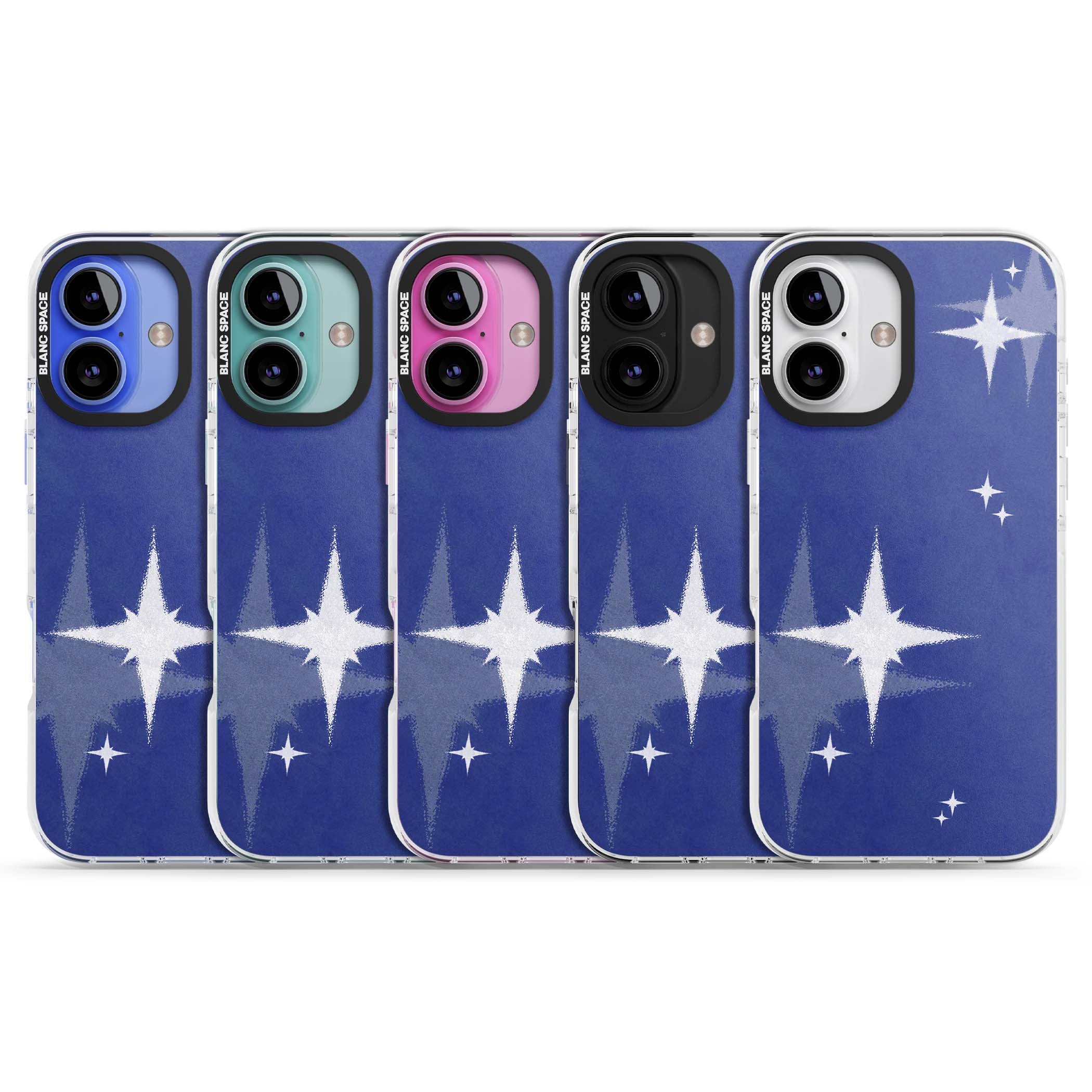 Blue Sparkle celestial iPhone case featuring sparkling silver stars on a deep blue painterly night sky | Clear Impact case for iPhone 16, iPhone 16 Plus