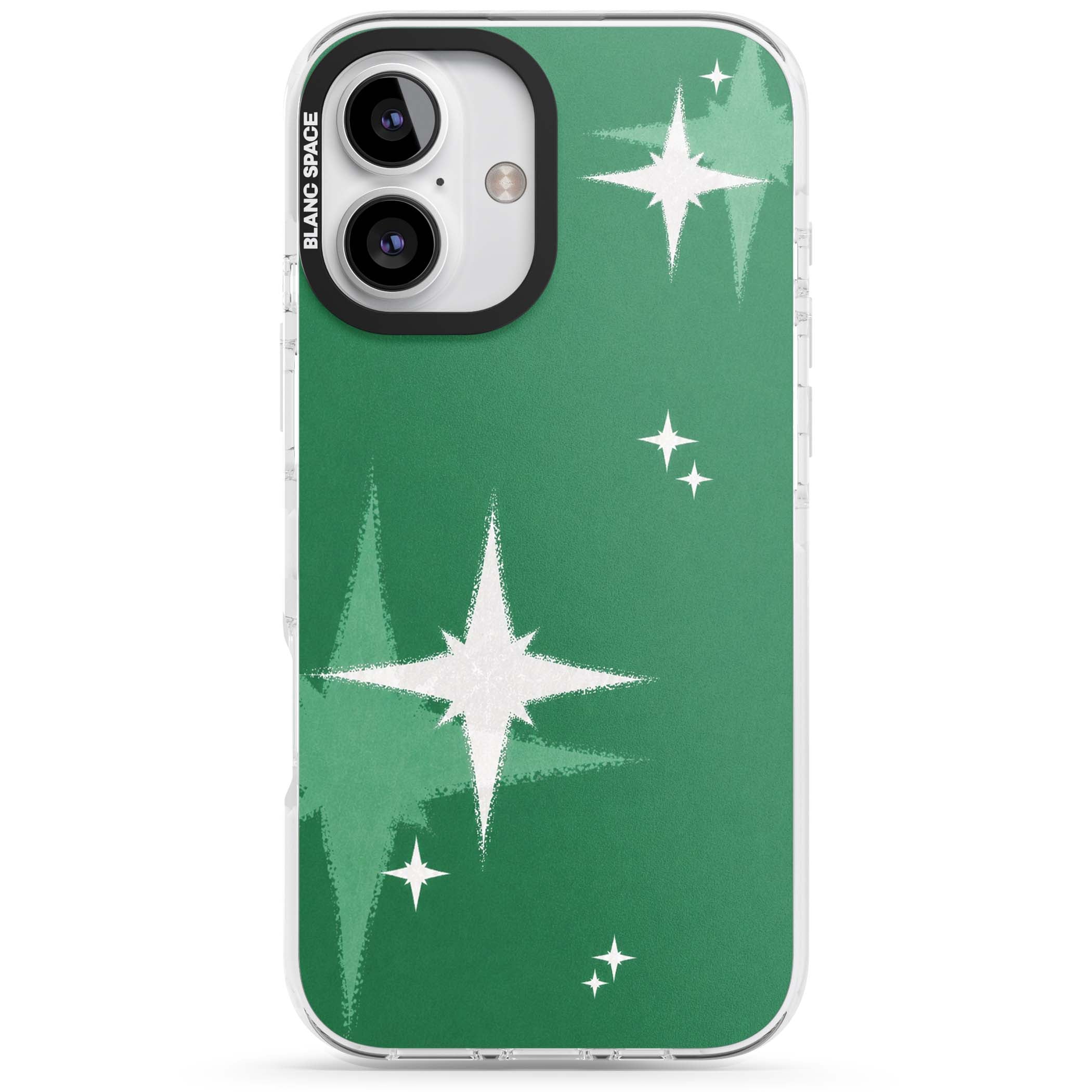 Green Sparkle celestial iPhone case featuring sparkling white four-point stars on a deep green background | Clear Impact case for iPhone 16, iPhone 16 Plus