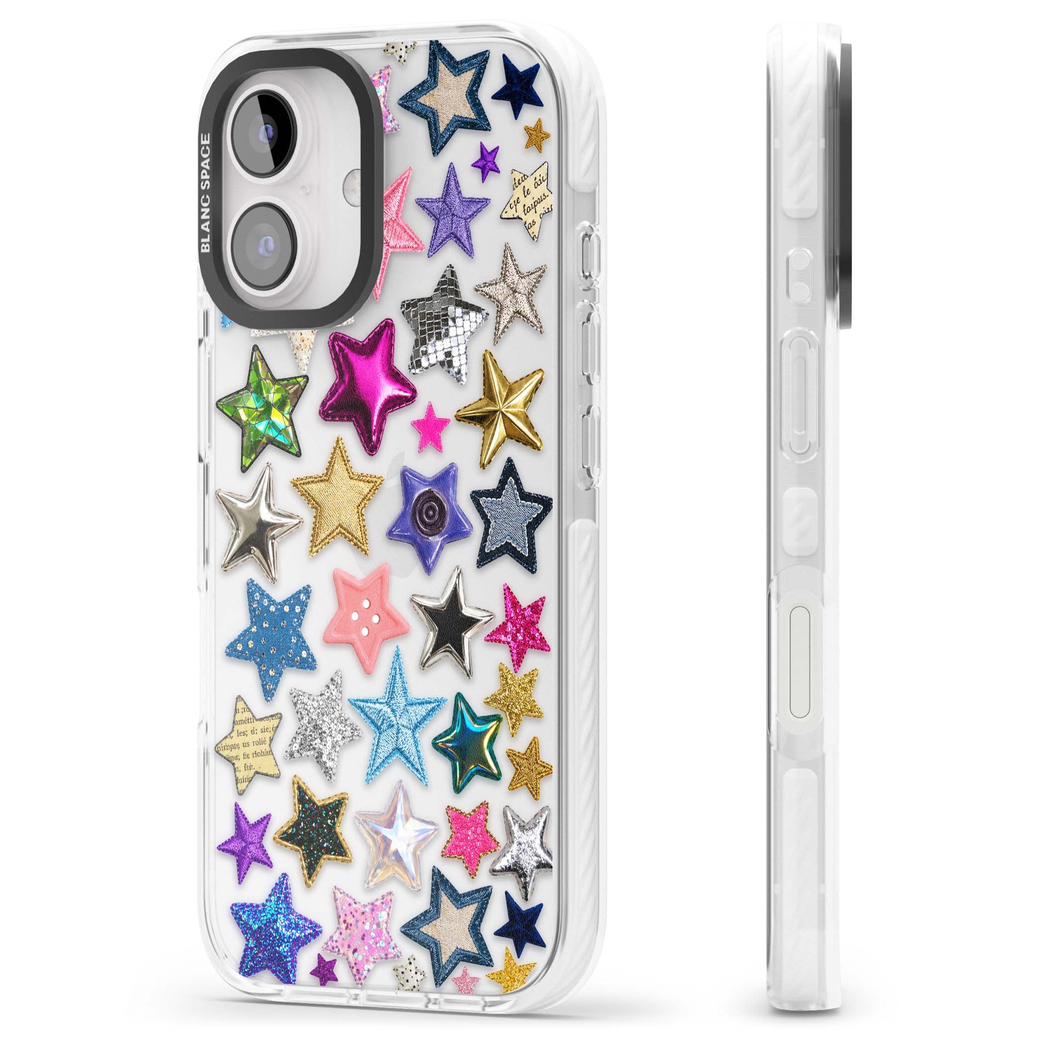 Crafty Star Mix Y2K iPhone case featuring embroidered, sequinned and glitter star patches in rainbow colours | Clear Impact case for iPhone 16, iPhone 16 Plus