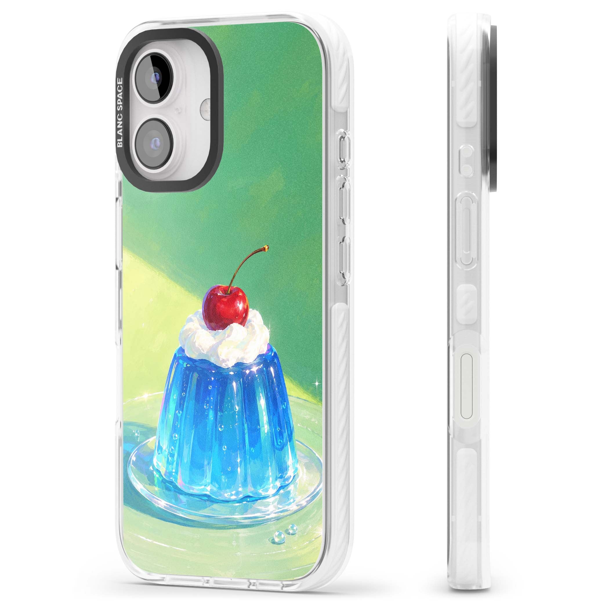 Cherry Jelly kawaii dessert iPhone case featuring blue jelly pudding, whipped cream and a red cherry | Clear Impact case for iPhone 16, iPhone 16 Plus