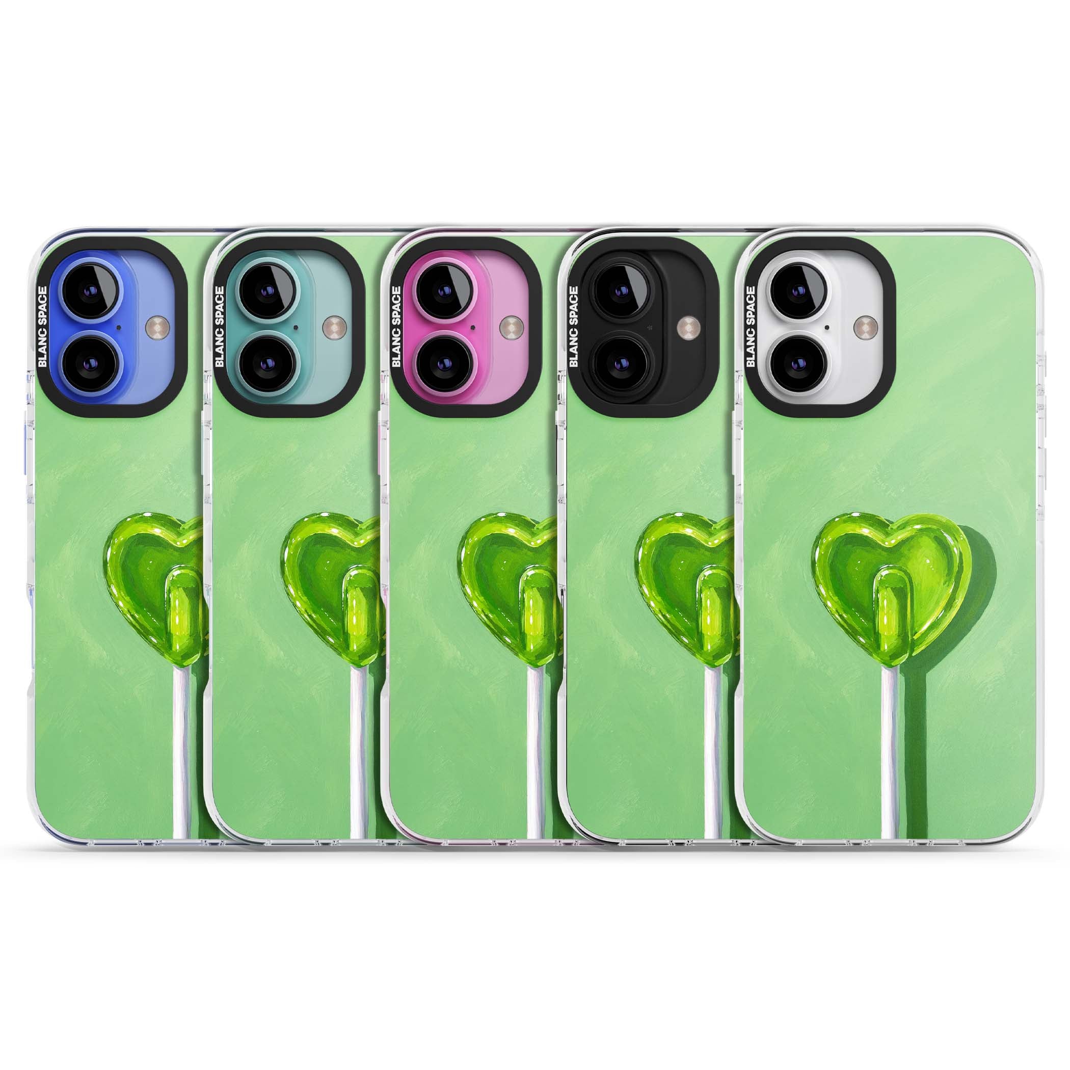 Green Lollipop candy art iPhone case featuring a glossy green heart-shaped lollipop on a painted pastel green background | Clear Impact case for iPhone 16, iPhone 16 Plus
