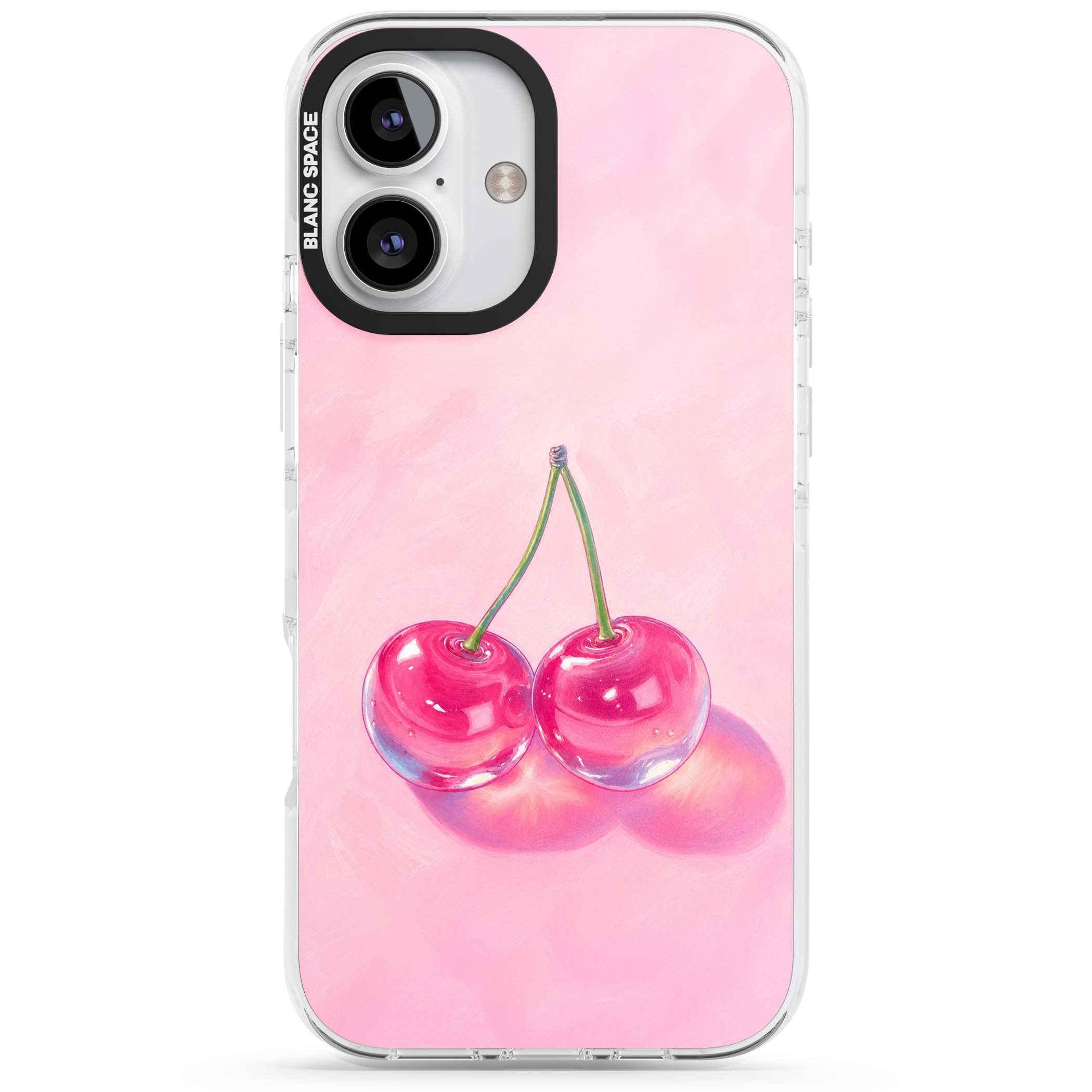 Pink Glass Cherry coquette iPhone case featuring two glossy painted cherries on a soft pink background | Clear Impact case for iPhone 16, iPhone 16 Plus