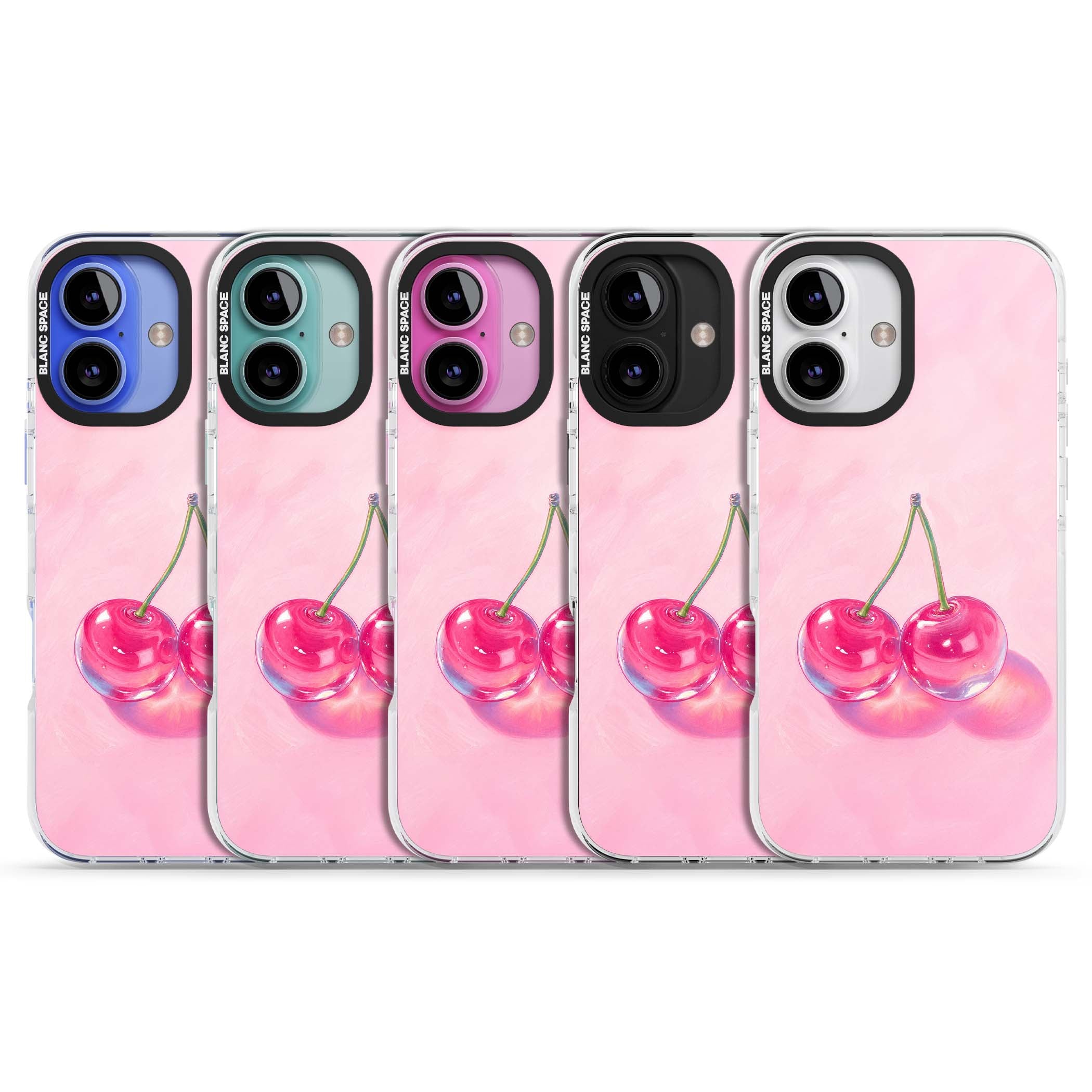 Pink Glass Cherry coquette iPhone case featuring two glossy painted cherries on a soft pink background | Clear Impact case for iPhone 16, iPhone 16 Plus