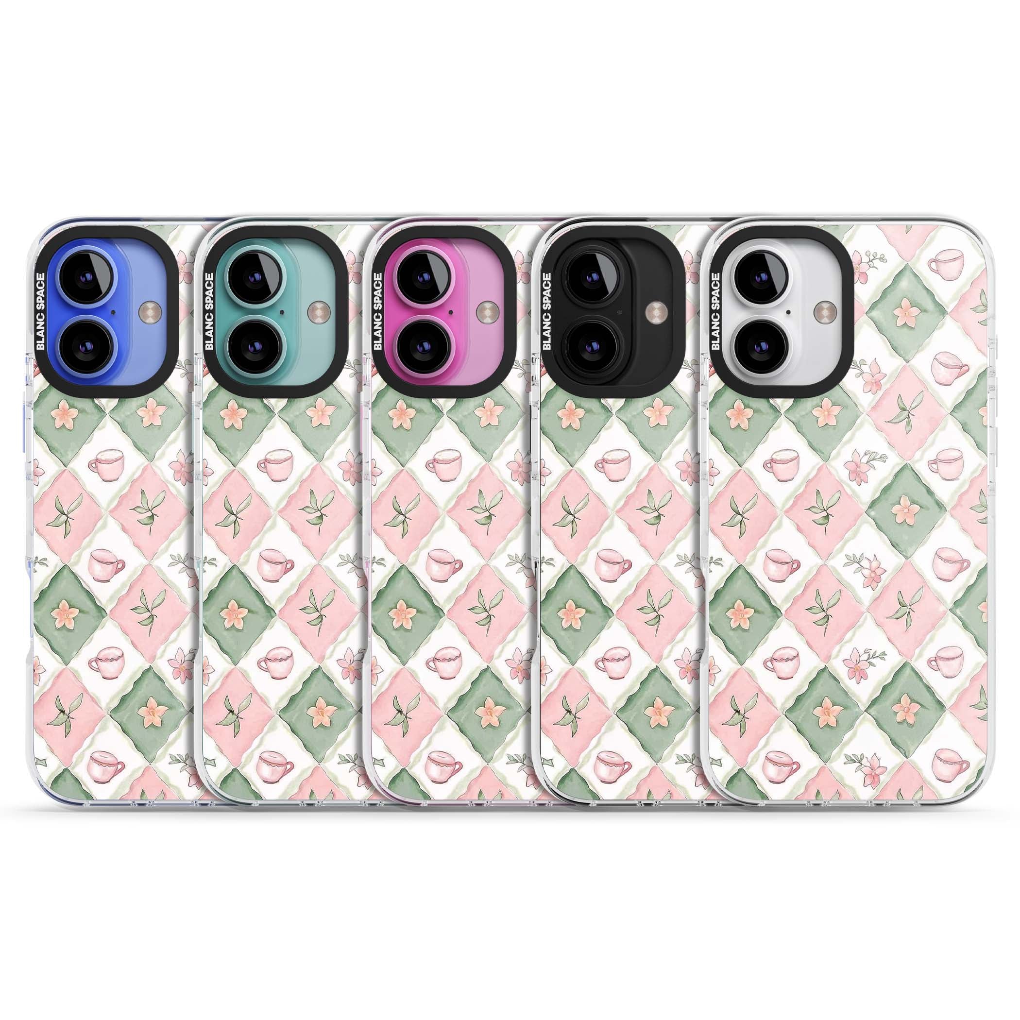 Garden Tea Party coquette iPhone case with pink and green checkered pattern, watercolour teacups and wildflowers | Clear Impact case for iPhone 16, iPhone 16 Plus