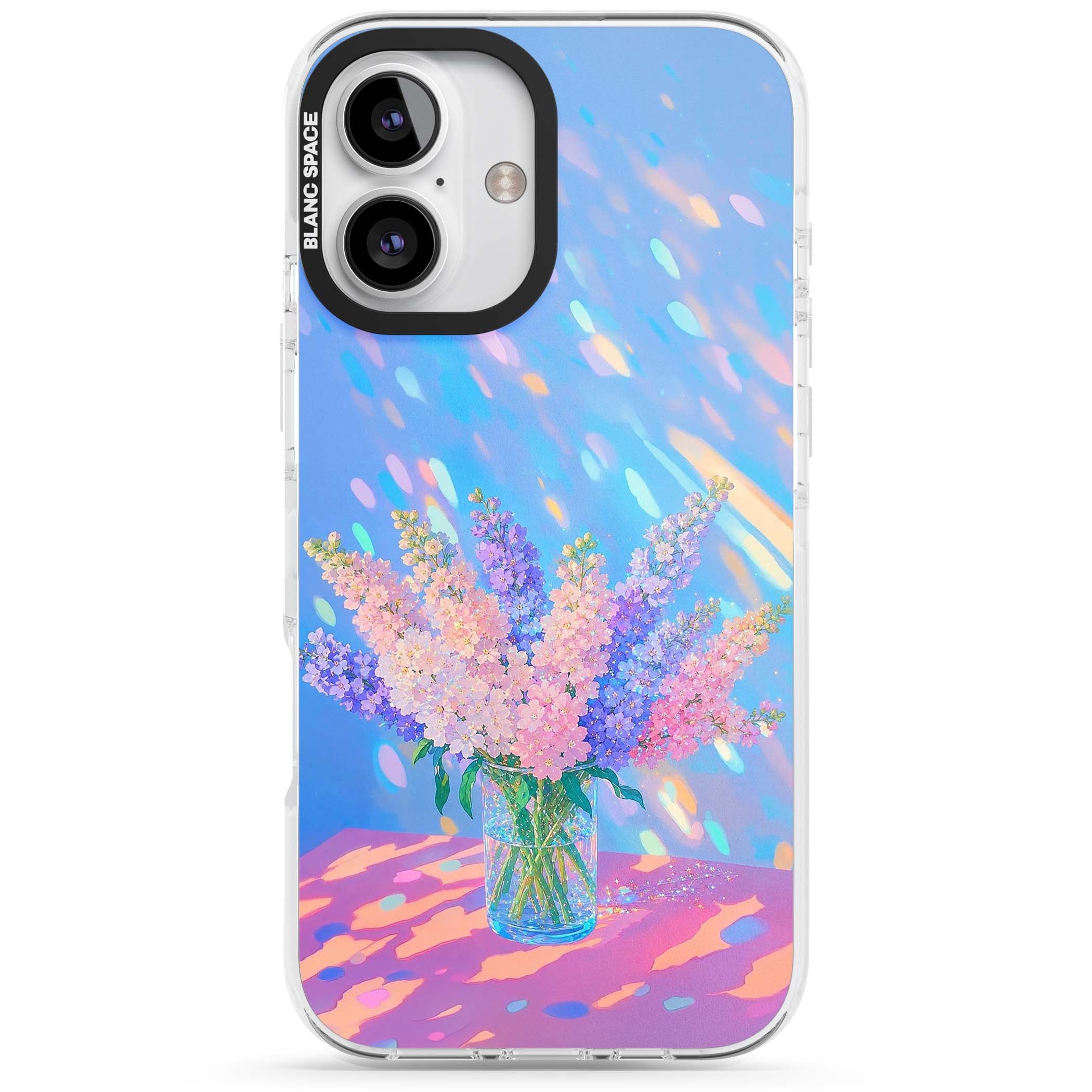 Bubblegum Flowers floral iPhone case featuring pastel lilac and pink bouquet in a glass vase with iridescent light | Clear Impact case for iPhone 16, iPhone 16 Plus