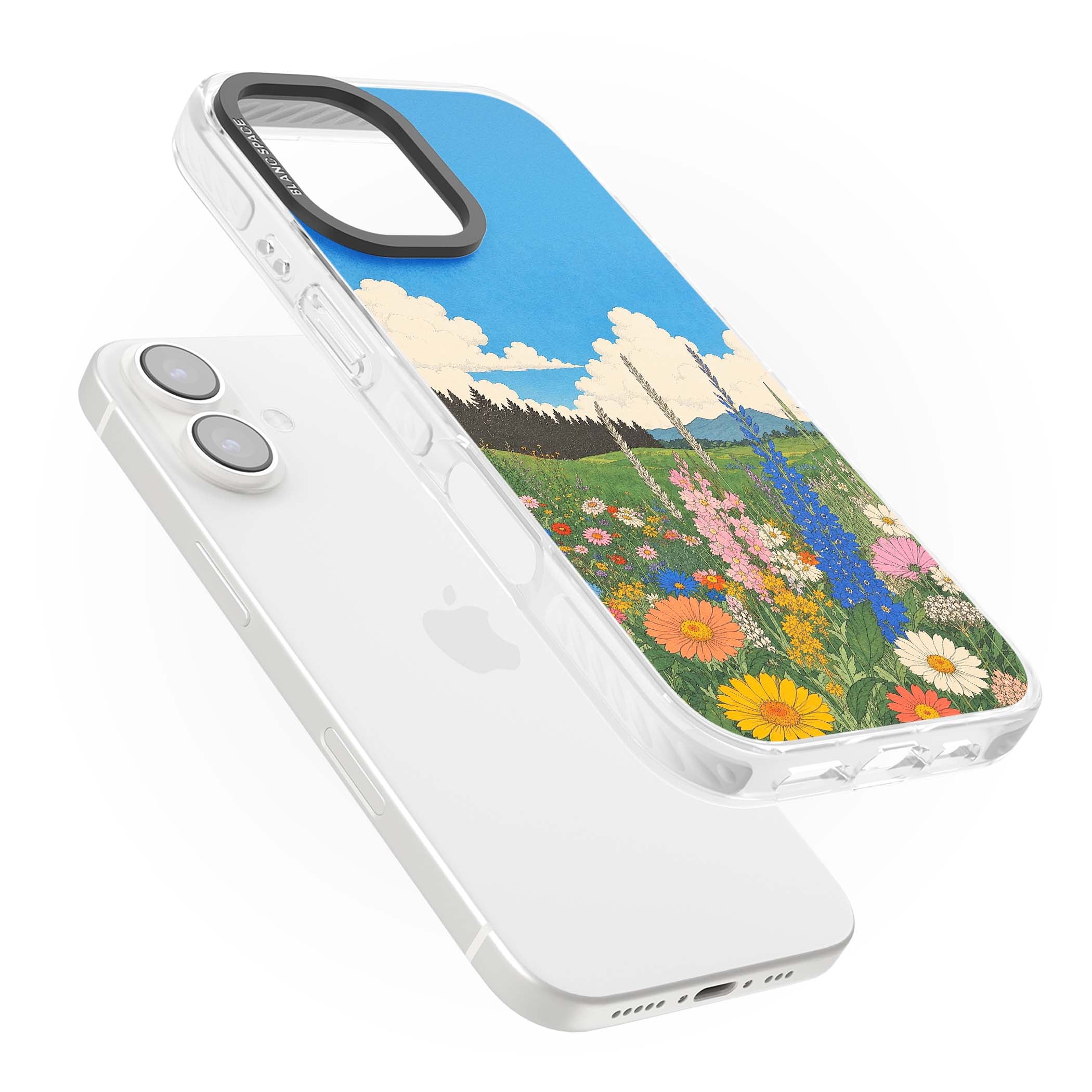 Wildbloom wildflower iPhone case featuring a vintage Japanese-style meadow landscape with daisies, delphiniums and moun | Clear Impact case for iPhone 16, iPhone 16 Plus