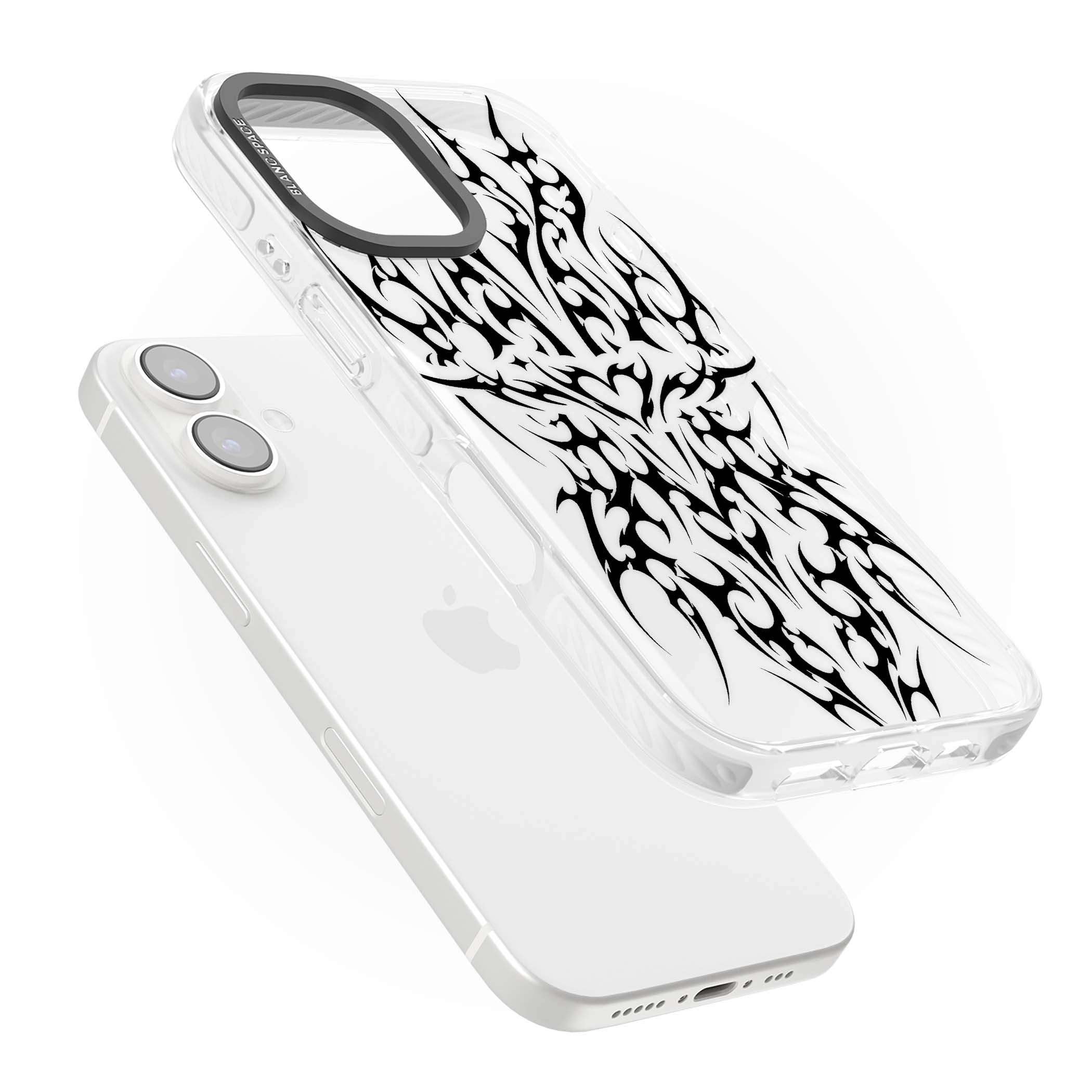 Neo Tribal Heart gothic iPhone case featuring symmetrical black tribal tattoo art with sharp thorn-like linework | Clear Impact case for iPhone 16, iPhone 16 Plus