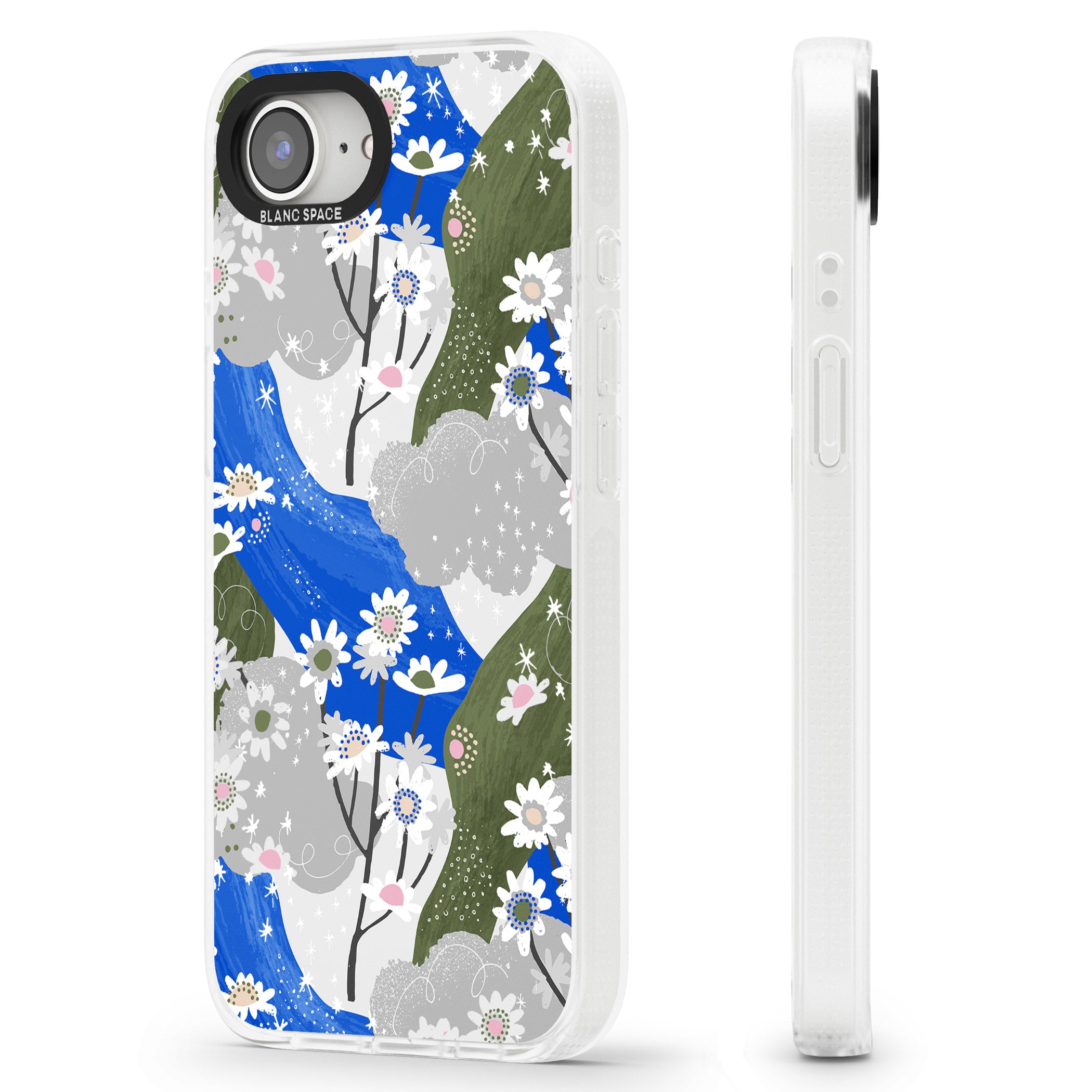 Blue & Grey Daisies Pattern iPhone 16e Clear Case Impact Air - Blanc Space