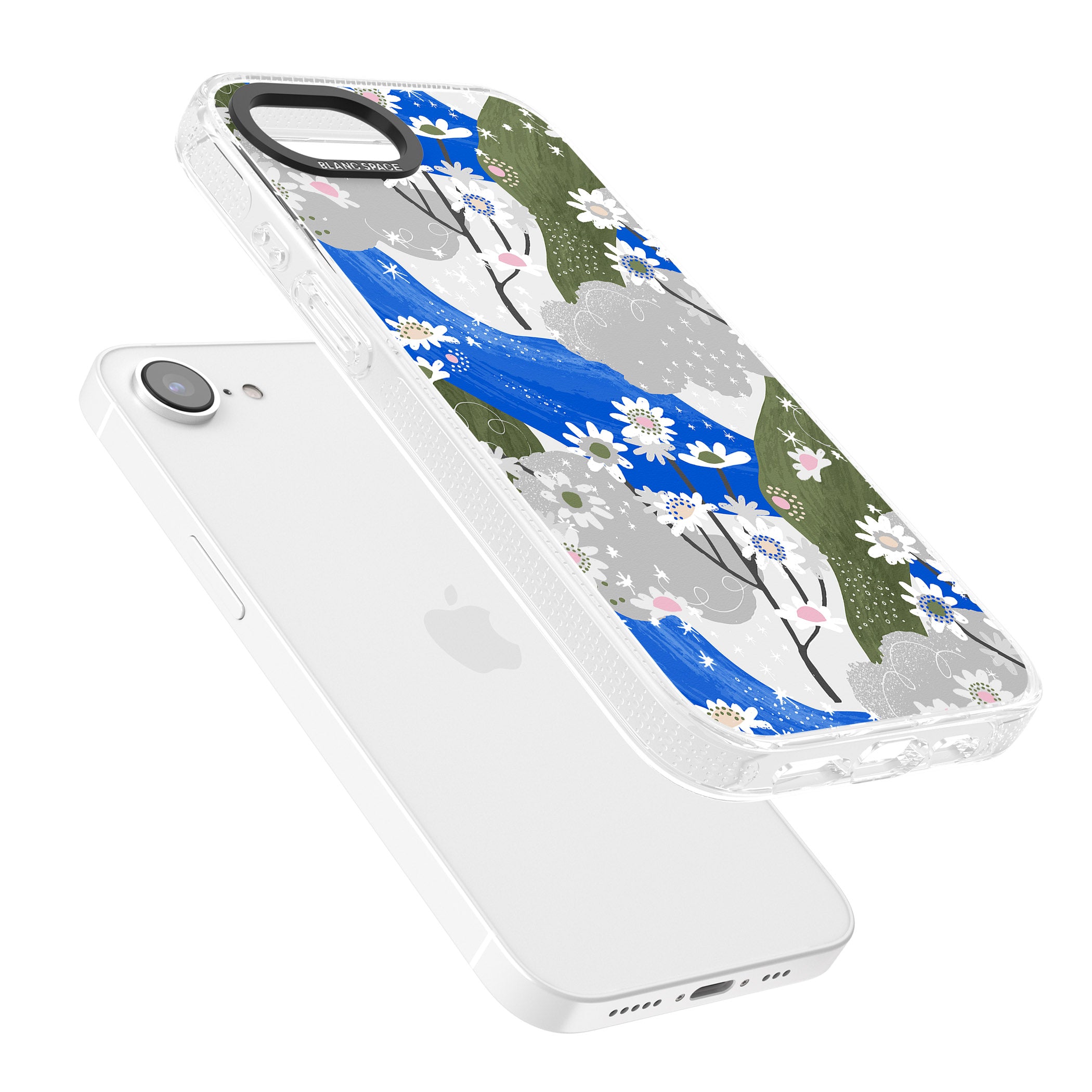 Blue & Grey Daisies Pattern iPhone 16e Clear Case Impact Air - Blanc Space