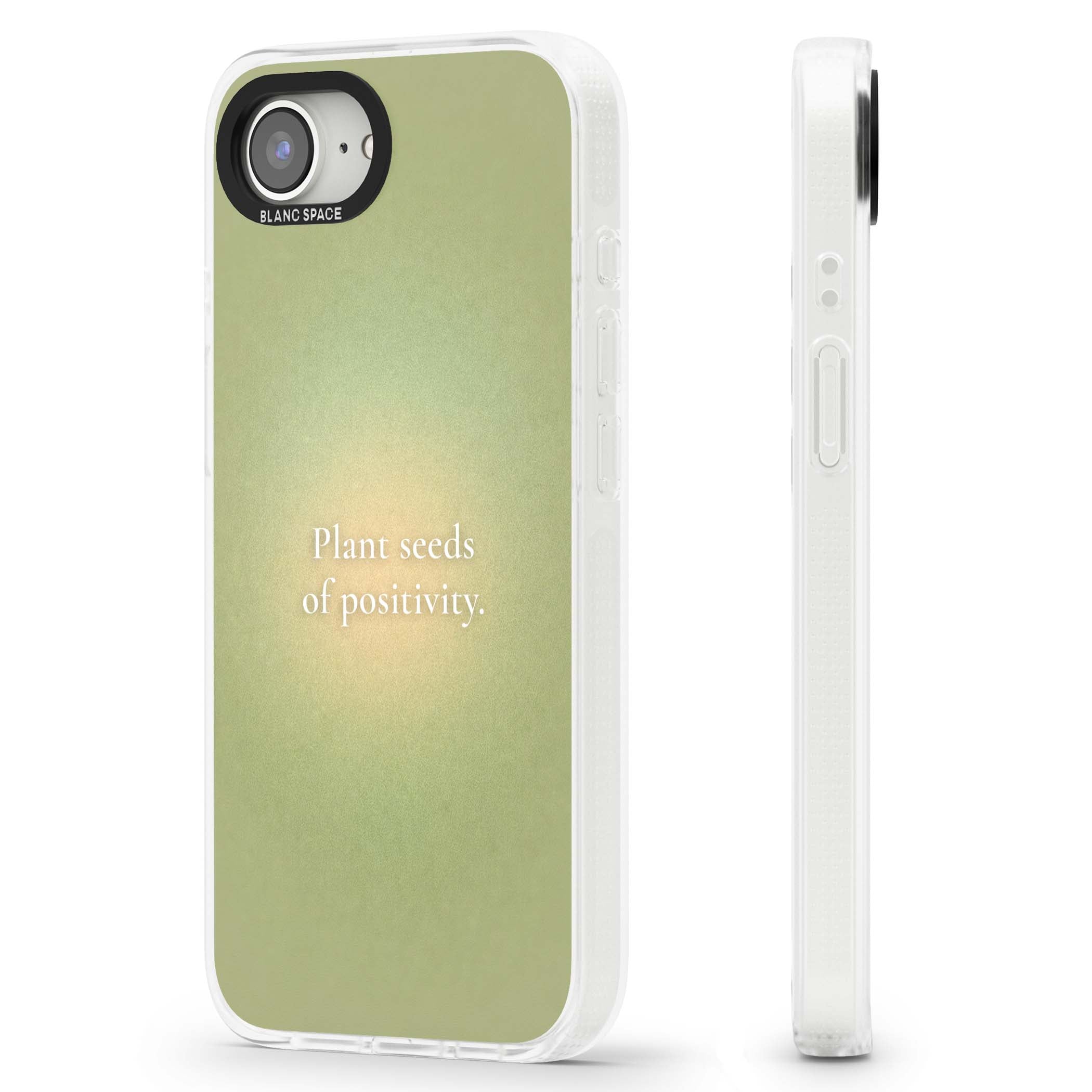 Seeds of Positivity quote iPhone case featuring a sage green aura gradient and golden glow affirmation | Clear Case Impact Air case for iPhone 16e, iPhone 17e