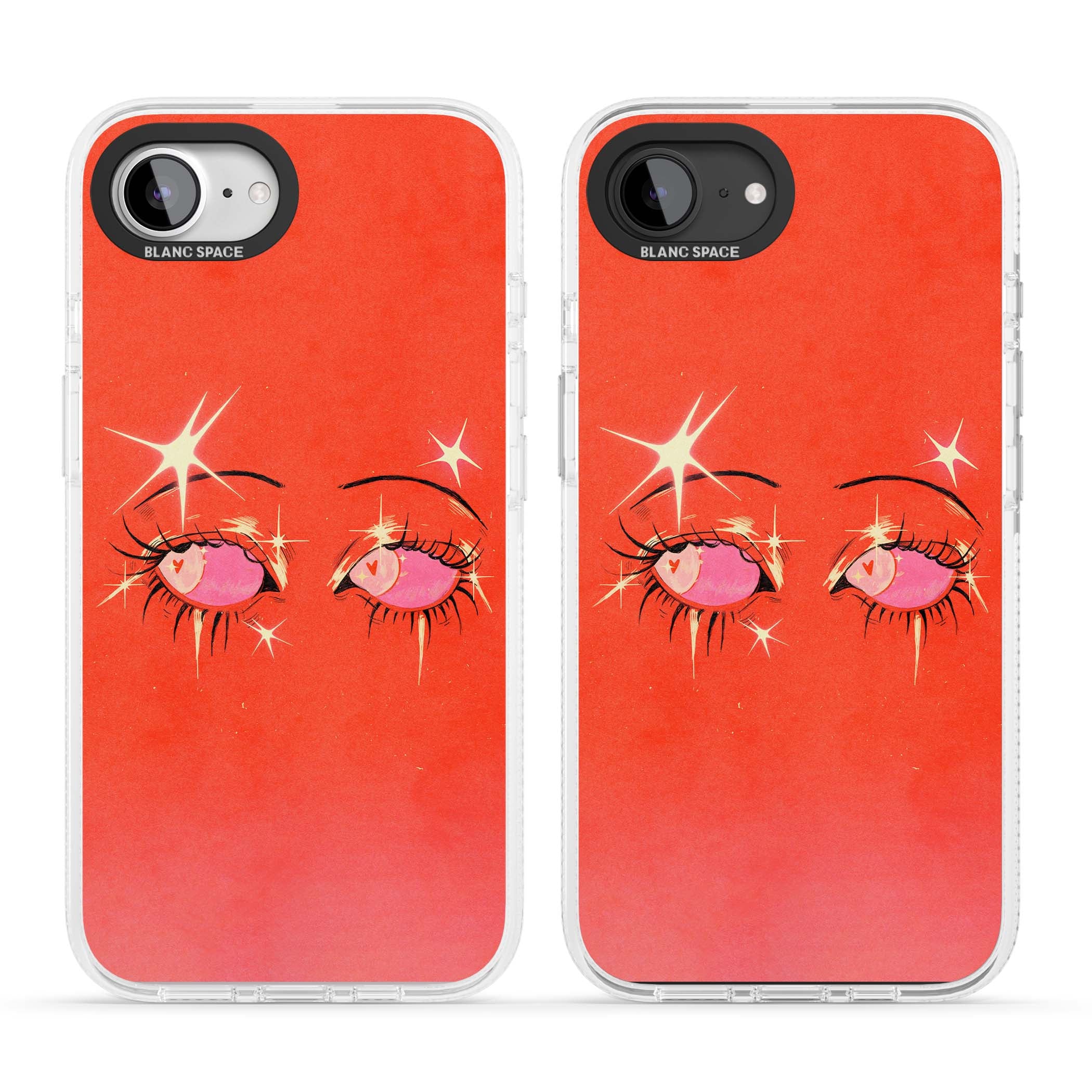 Pink Ethereal Eyes anime iPhone case featuring hand-drawn sparkly eyes with pink hearts and gold stars on red | Clear Case Impact Air case for iPhone 16e, iPhone 17e