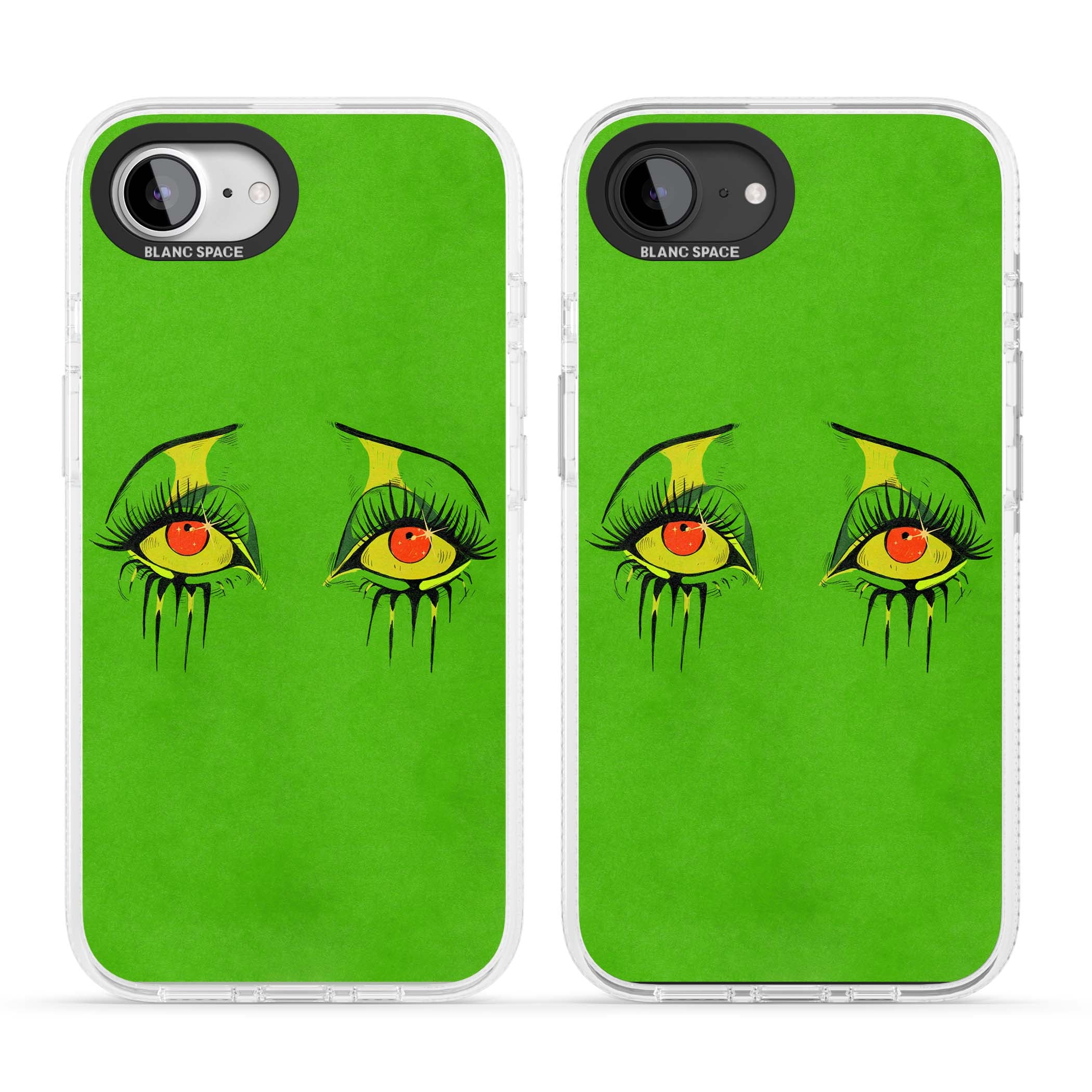 Green Enchanted Eyes psychedelic art iPhone case featuring hand-drawn dripping eyes on neon green background | Clear Case Impact Air case for iPhone 16e, iPhone 17e