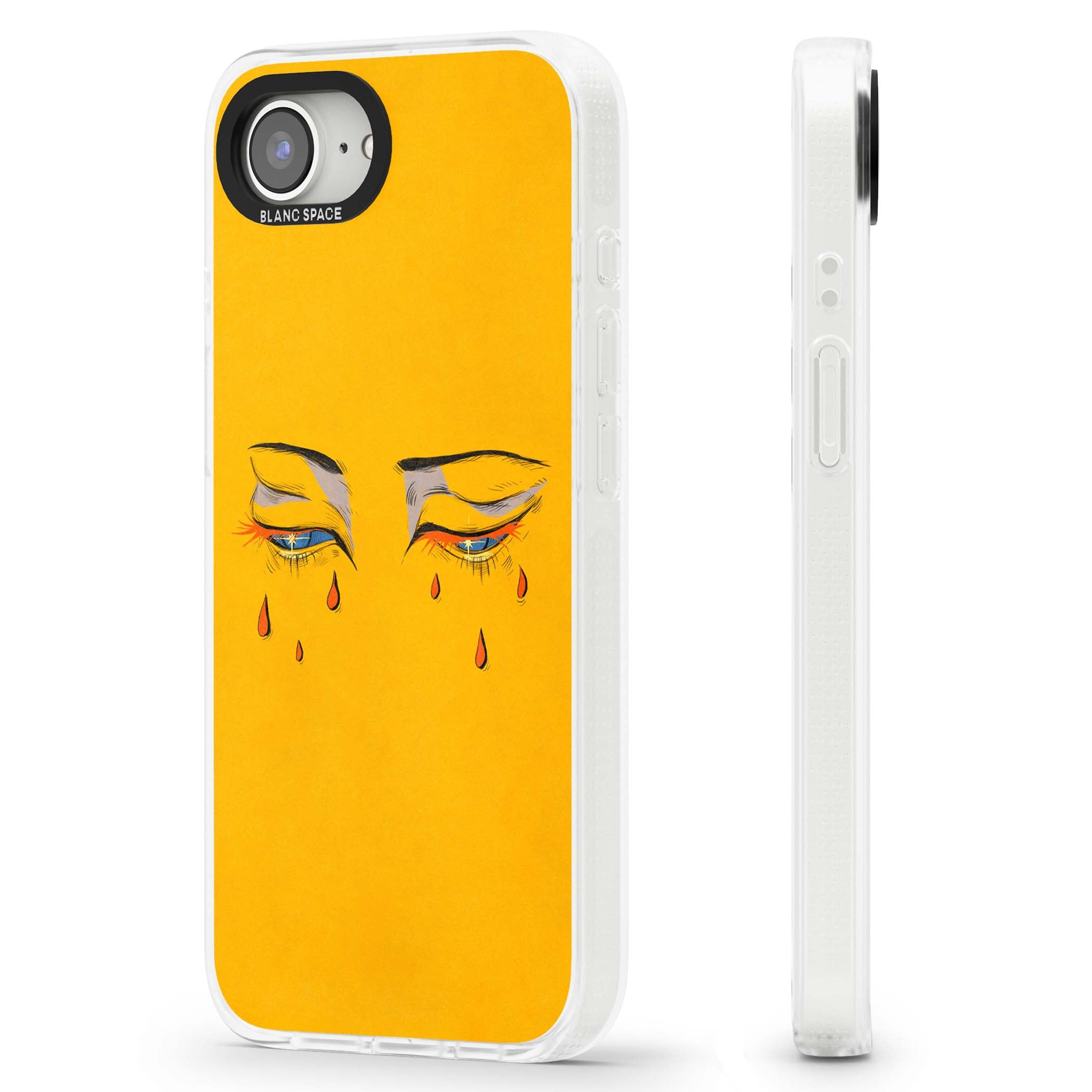 Yellow Tearful Eyes indie iPhone case featuring hand-drawn crying eyes with orange tears on a yellow background | Clear Case Impact Air case for iPhone 16e, iPhone 17e