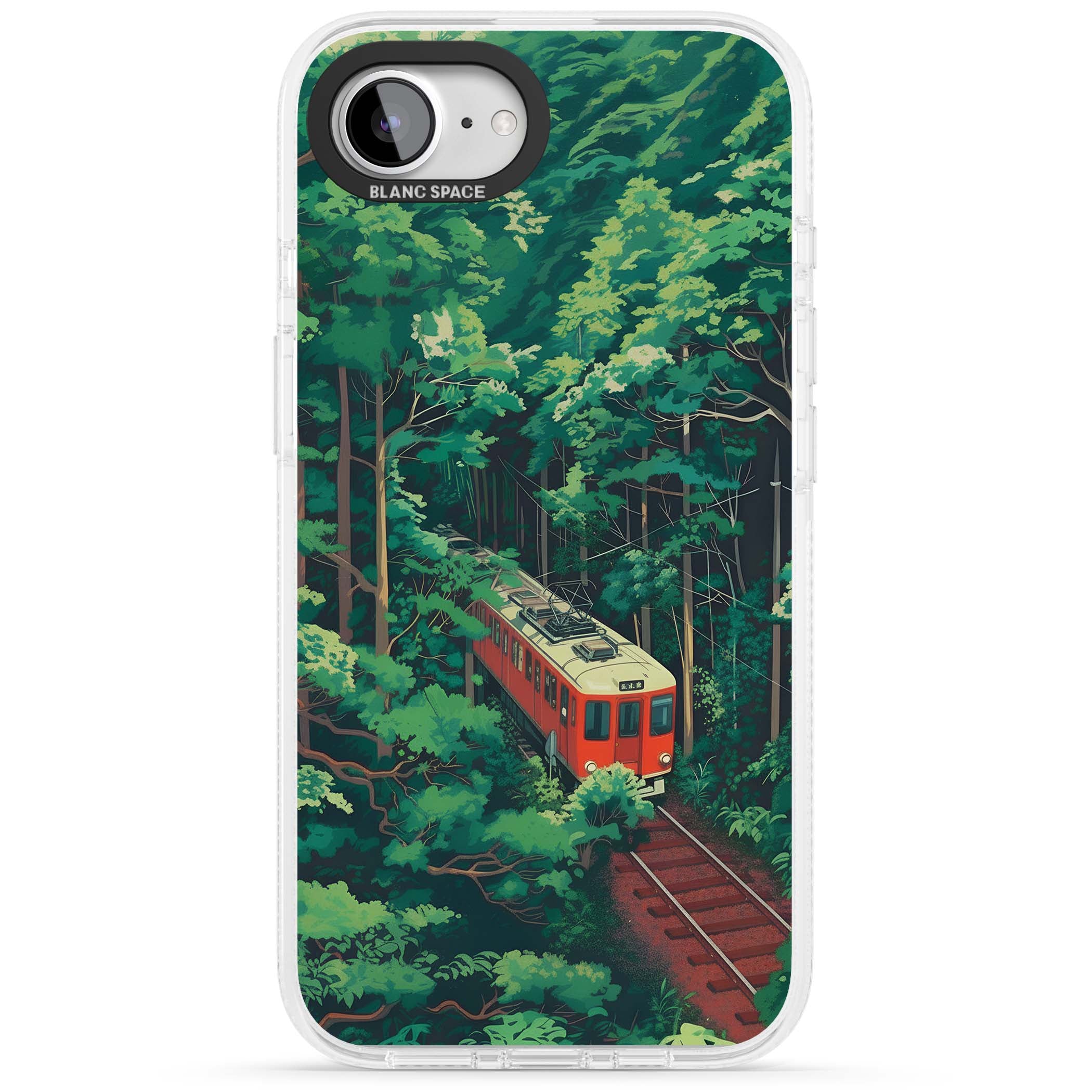 Railway In Toyama Japanese iPhone case featuring a red train, cedar forest and winding mountain railway tracks | Clear Case Impact Air case for iPhone 16e, iPhone 17e