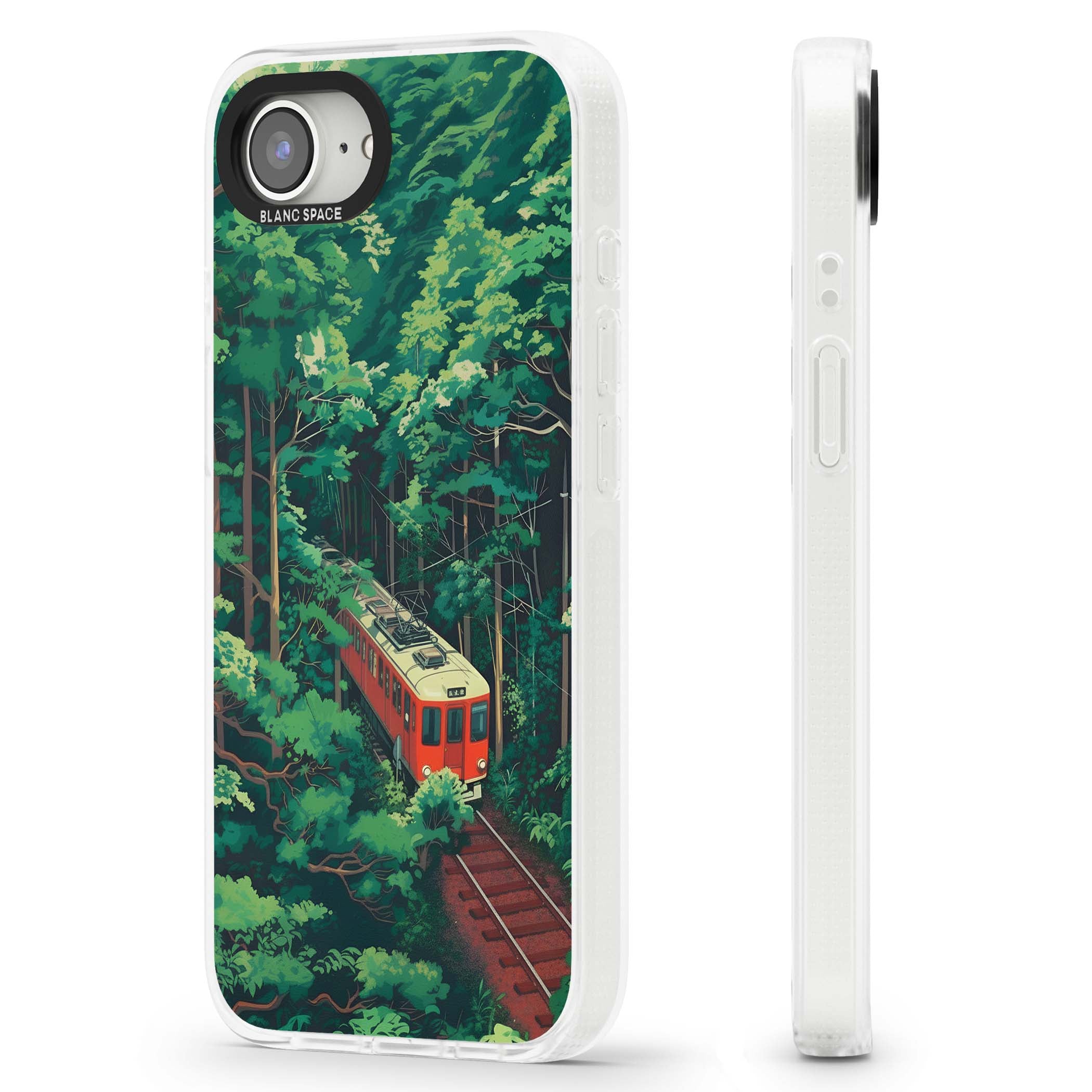 Railway In Toyama Japanese iPhone case featuring a red train, cedar forest and winding mountain railway tracks | Clear Case Impact Air case for iPhone 16e, iPhone 17e