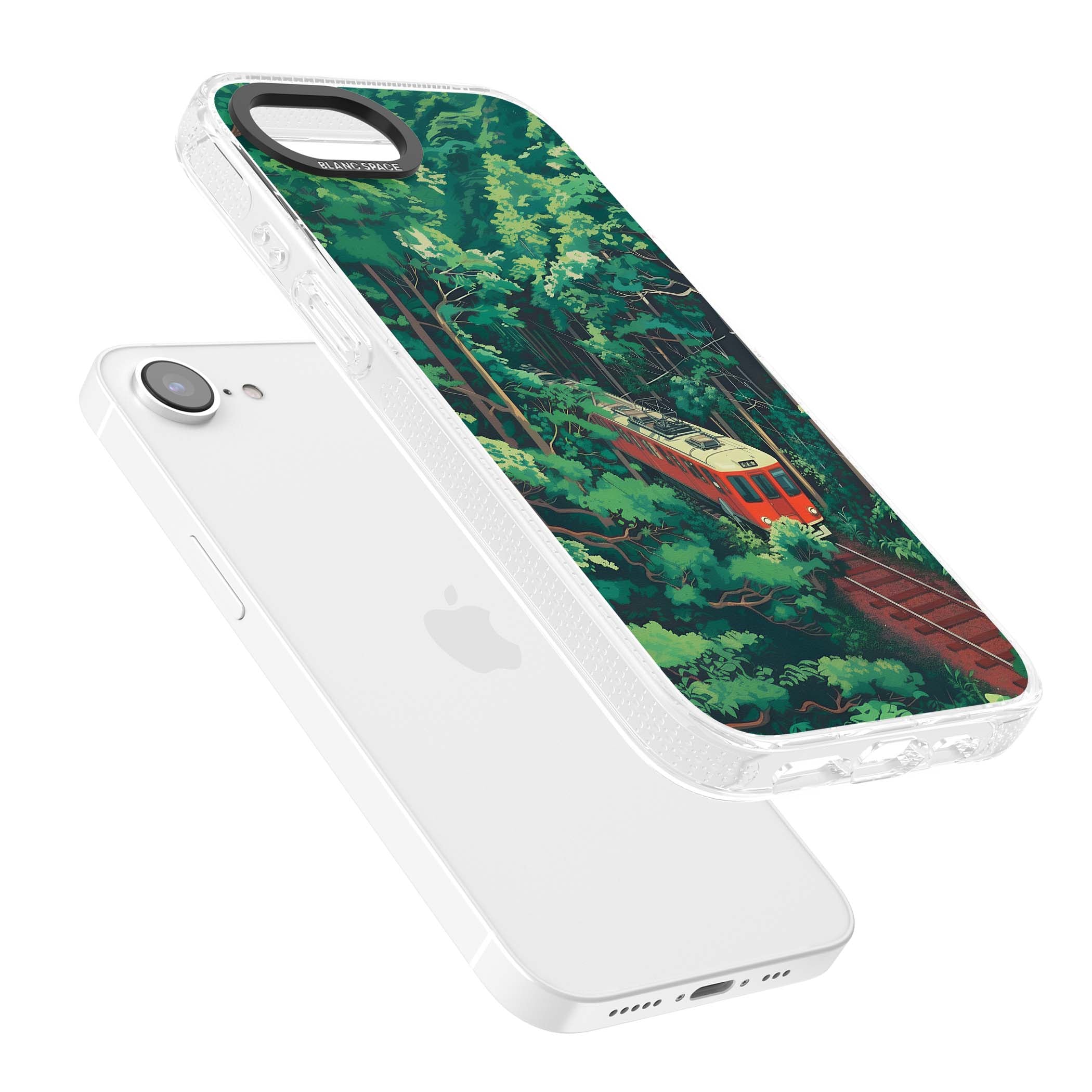Railway In Toyama Japanese iPhone case featuring a red train, cedar forest and winding mountain railway tracks | Clear Case Impact Air case for iPhone 16e, iPhone 17e