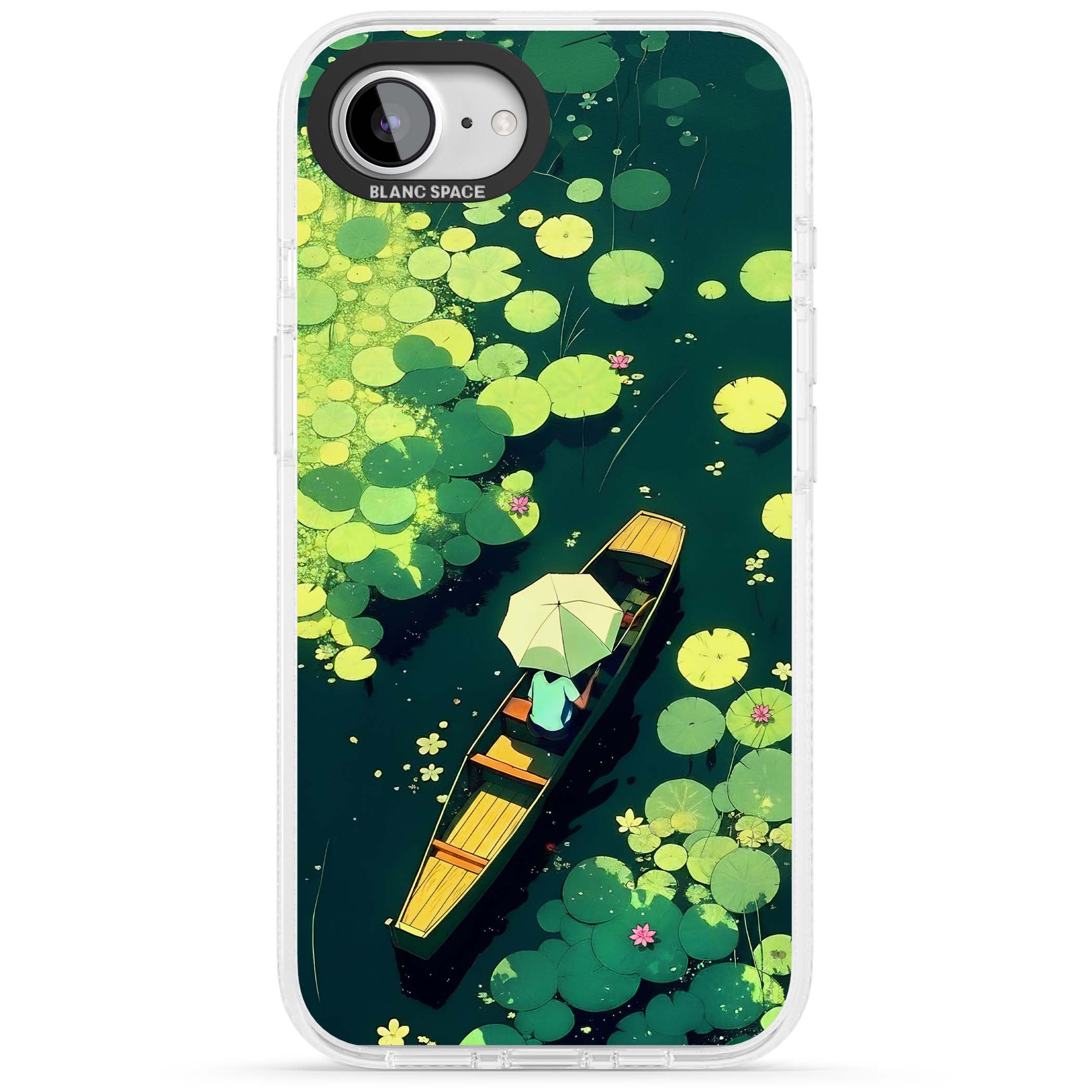 Jade Waters cottagecore iPhone case featuring a painted lily pond, wooden boat with parasol and floating water lilies | Clear Case Impact Air case for iPhone 16e, iPhone 17e