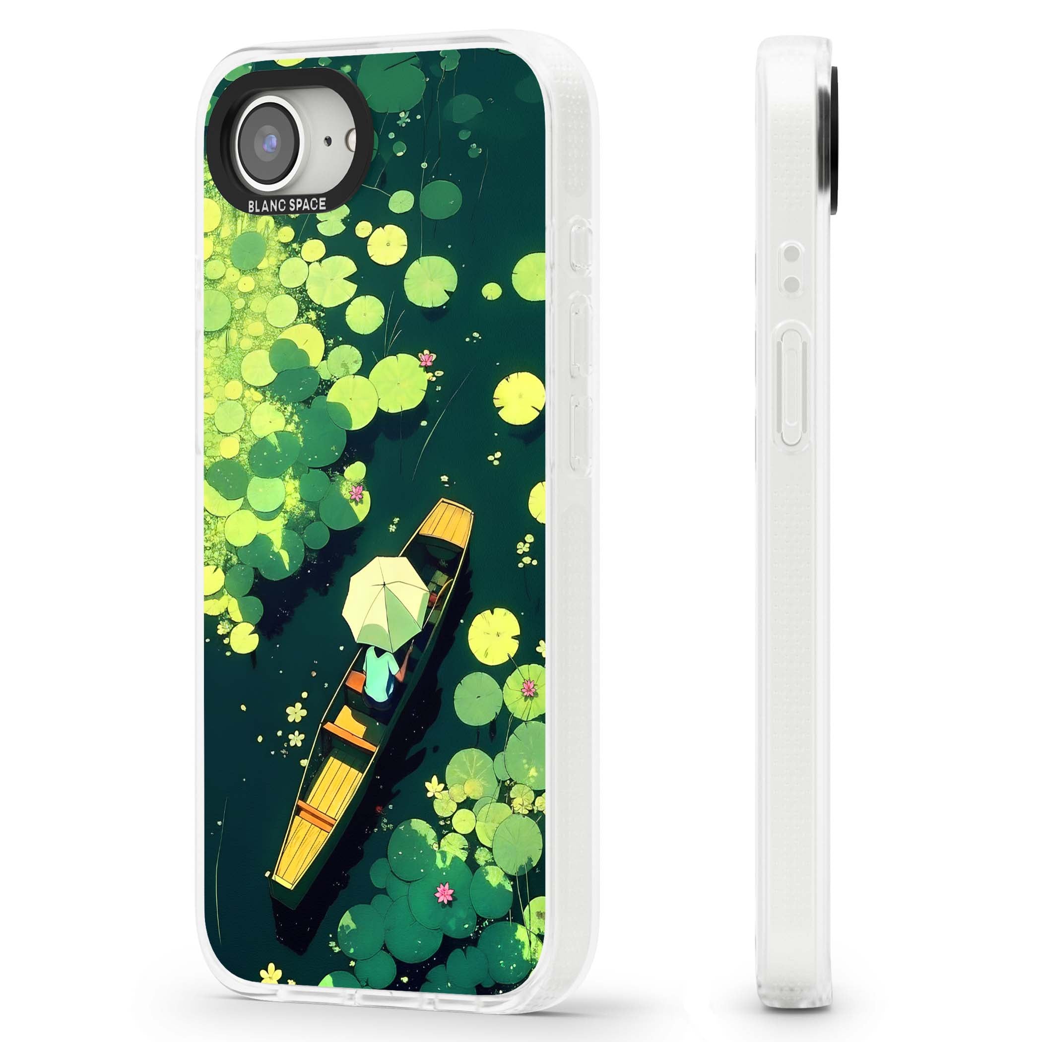Jade Waters cottagecore iPhone case featuring a painted lily pond, wooden boat with parasol and floating water lilies | Clear Case Impact Air case for iPhone 16e, iPhone 17e