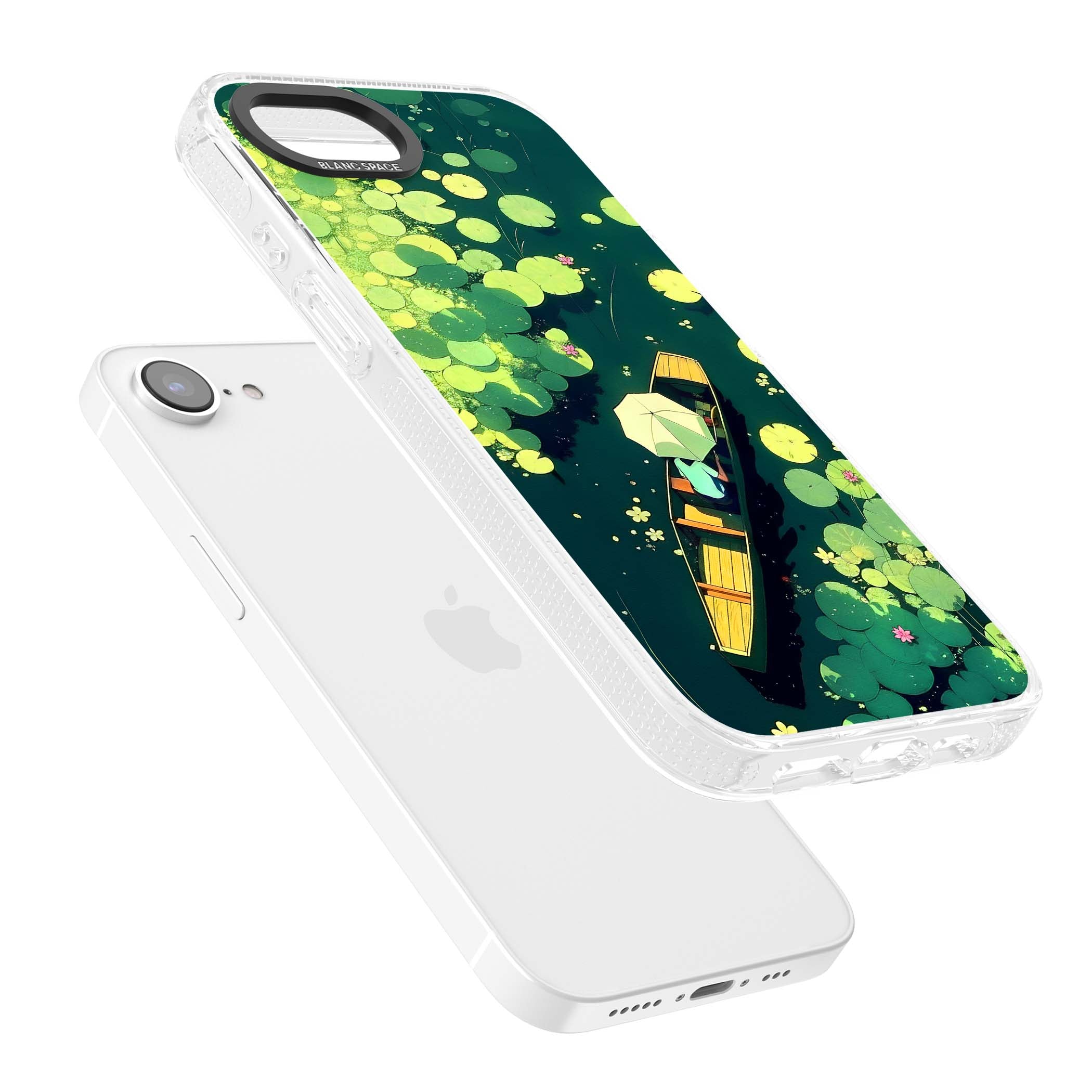 Jade Waters cottagecore iPhone case featuring a painted lily pond, wooden boat with parasol and floating water lilies | Clear Case Impact Air case for iPhone 16e, iPhone 17e