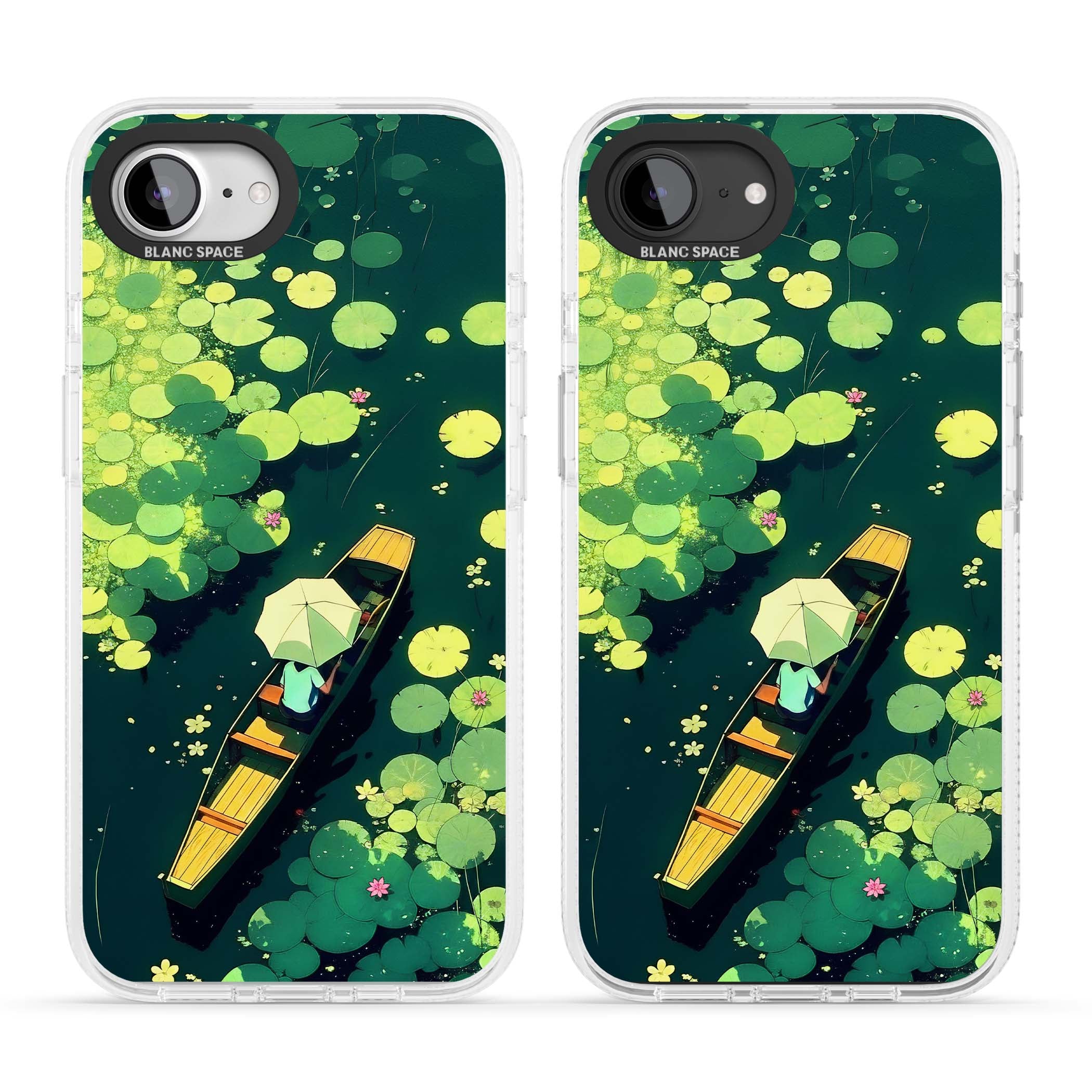 Jade Waters cottagecore iPhone case featuring a painted lily pond, wooden boat with parasol and floating water lilies | Clear Case Impact Air case for iPhone 16e, iPhone 17e