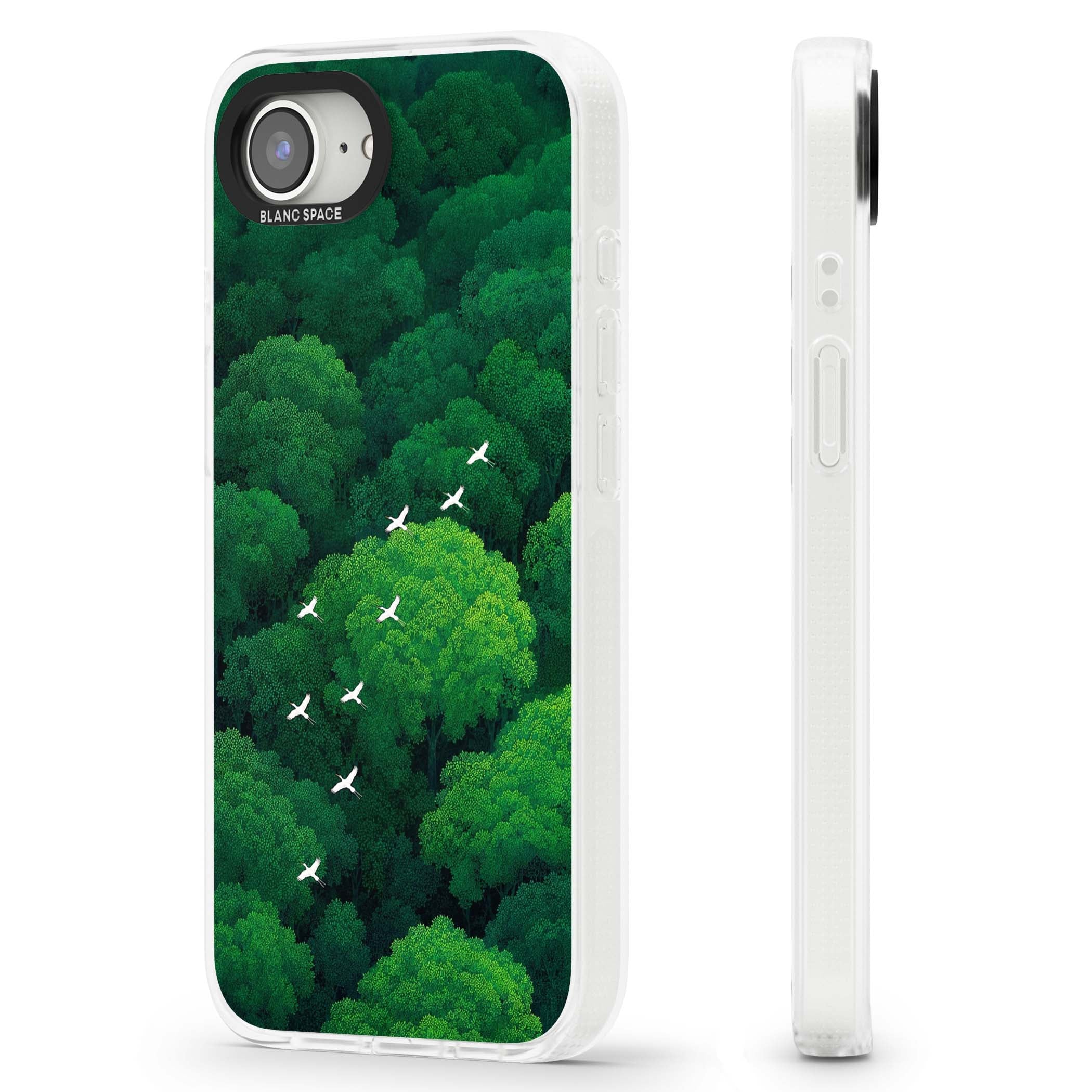 Grove Migration forest iPhone case featuring white cranes flying over lush green treetop canopy | Clear Case Impact Air case for iPhone 16e, iPhone 17e