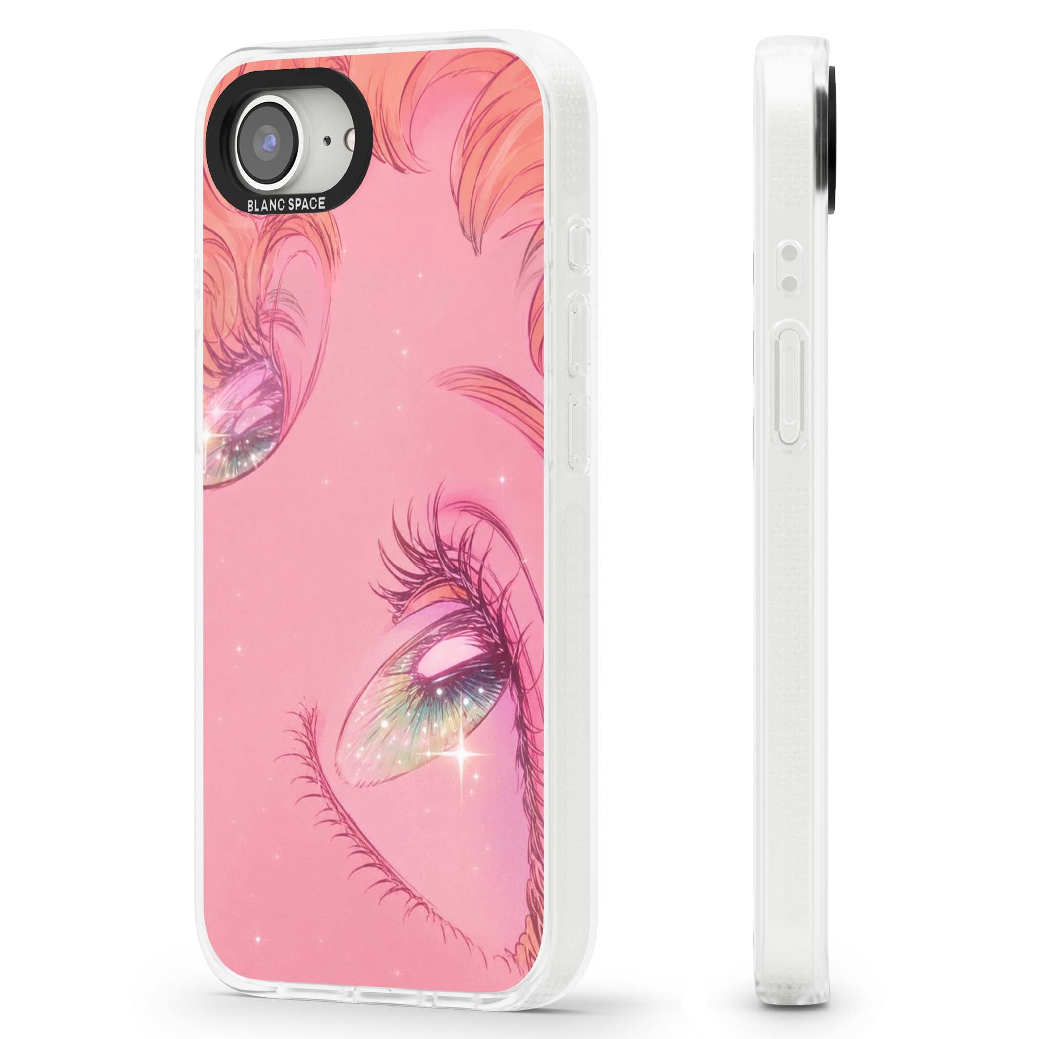 Pink Ethereal Gaze anime iPhone case featuring sparkling manga eyes, coral lashes and dreamy peach sky | Clear Case Impact Air case for iPhone 16e, iPhone 17e