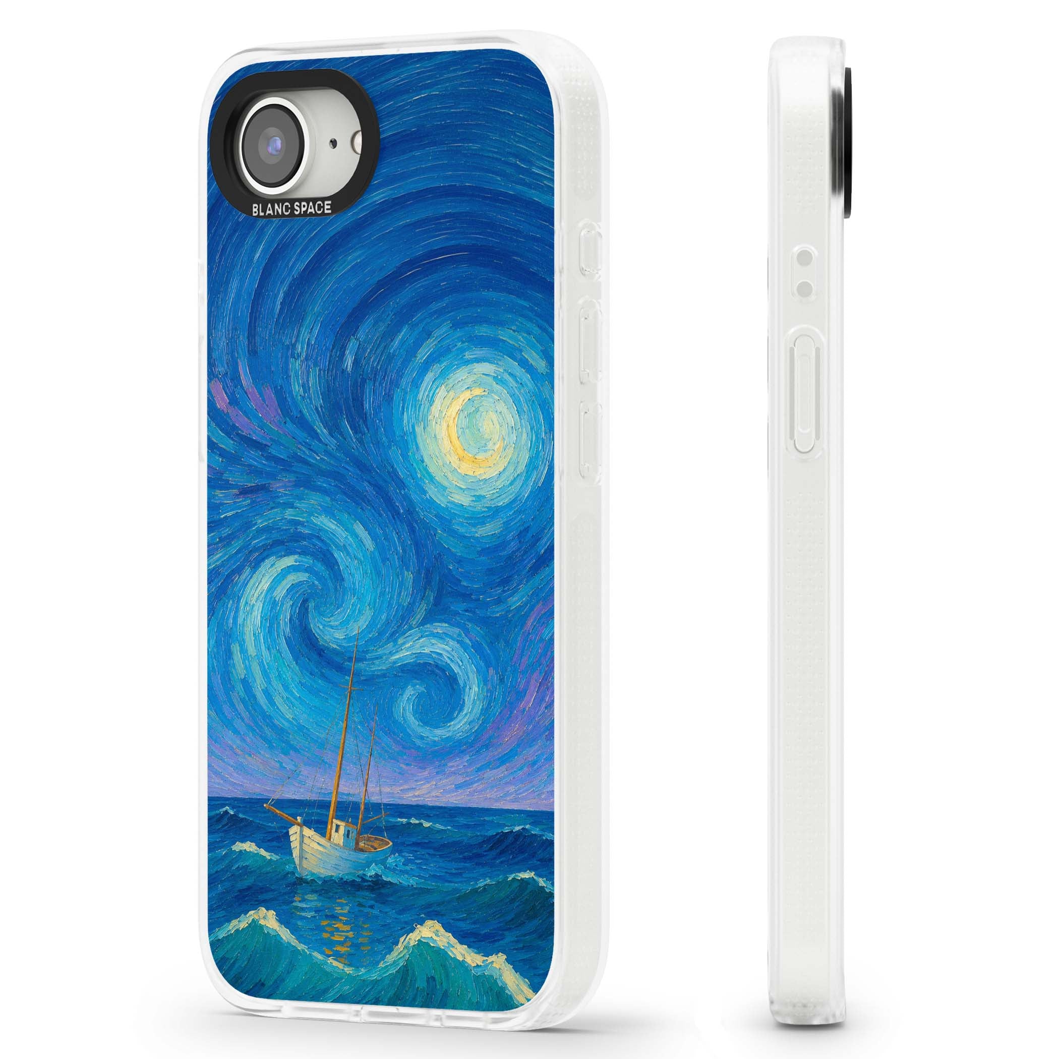 Moonlit Tide Van Gogh art iPhone case featuring swirling starry night sky, glowing moon and lone sailing boat at sea | Clear Case Impact Air case for iPhone 16e, iPhone 17e