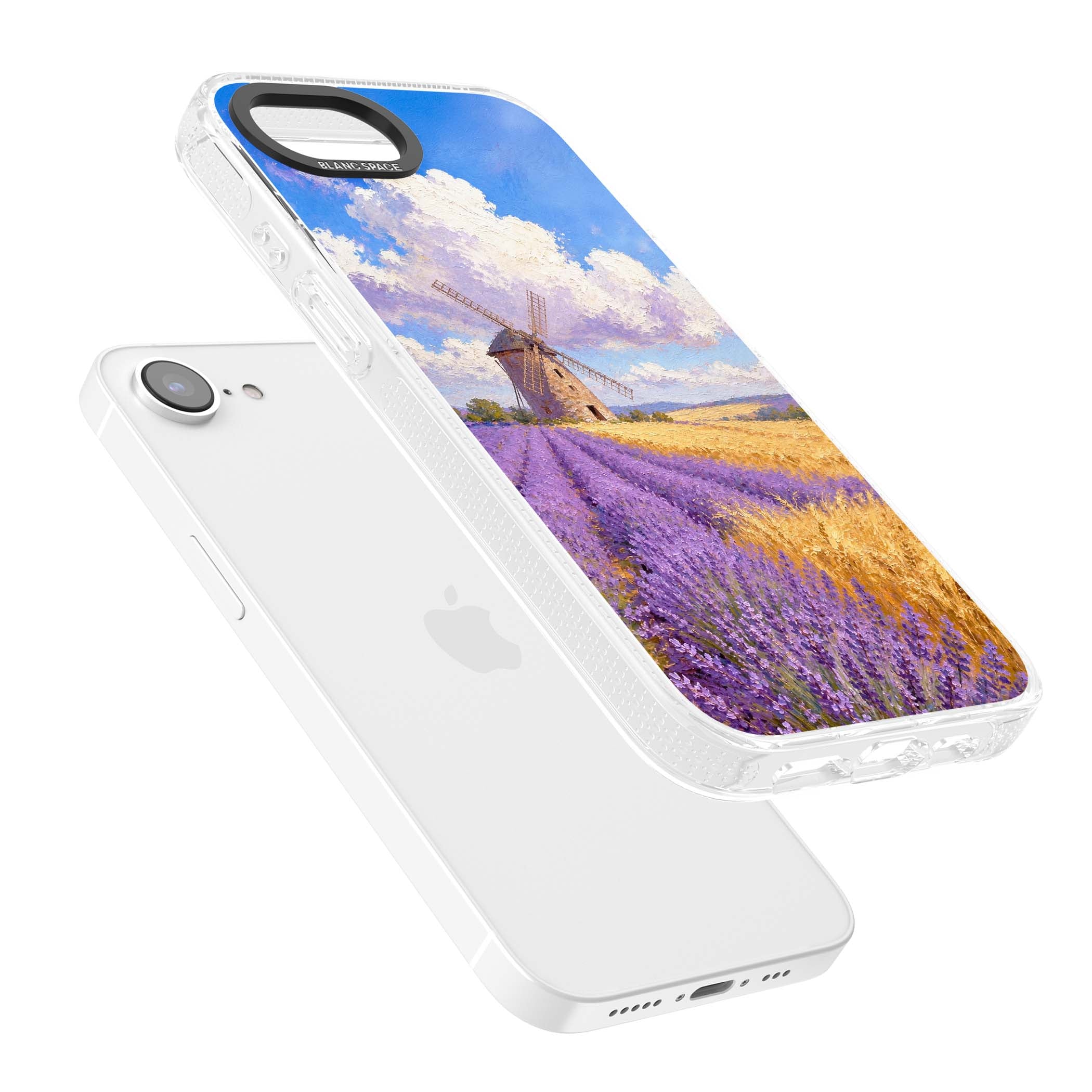 Lavender Mill cottagecore iPhone case featuring a French windmill, lavender field and golden wheat oil painting | Clear Case Impact Air case for iPhone 16e, iPhone 17e