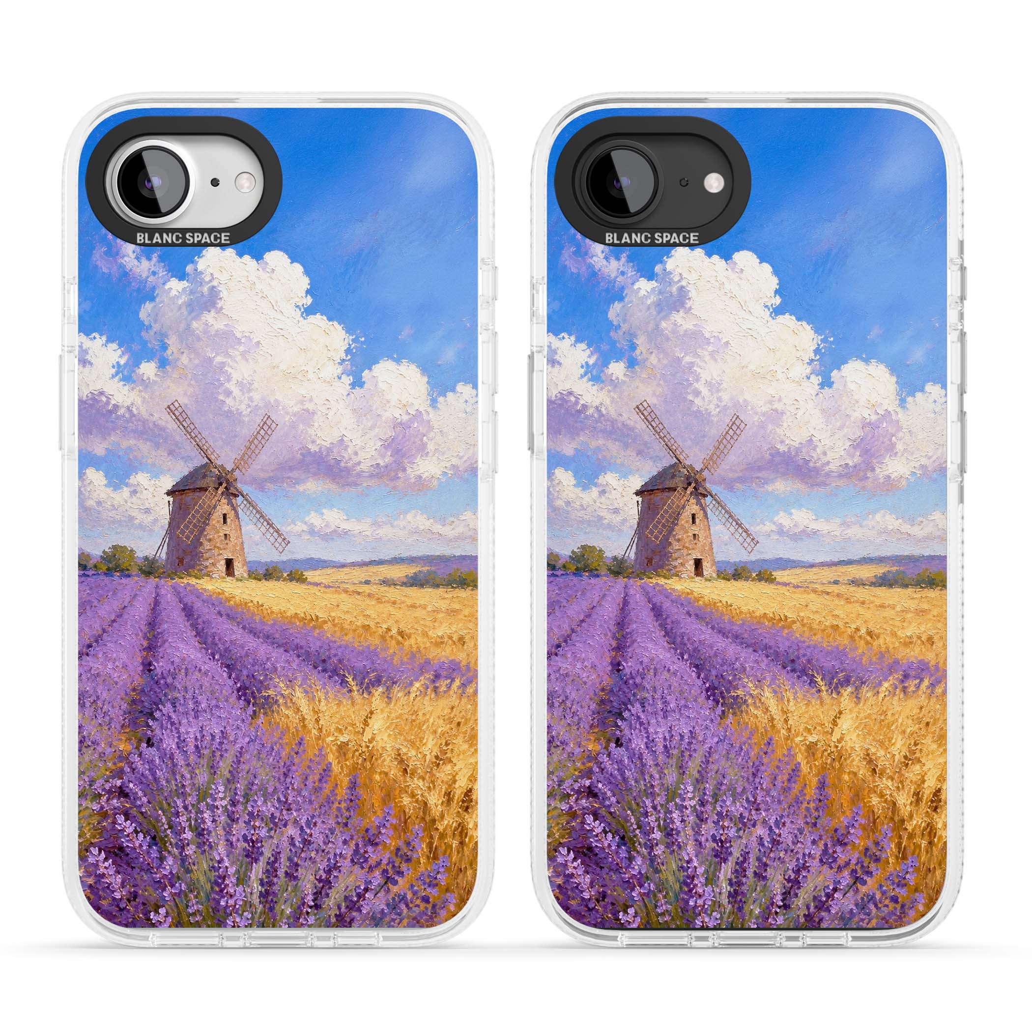 Lavender Mill cottagecore iPhone case featuring a French windmill, lavender field and golden wheat oil painting | Clear Case Impact Air case for iPhone 16e, iPhone 17e