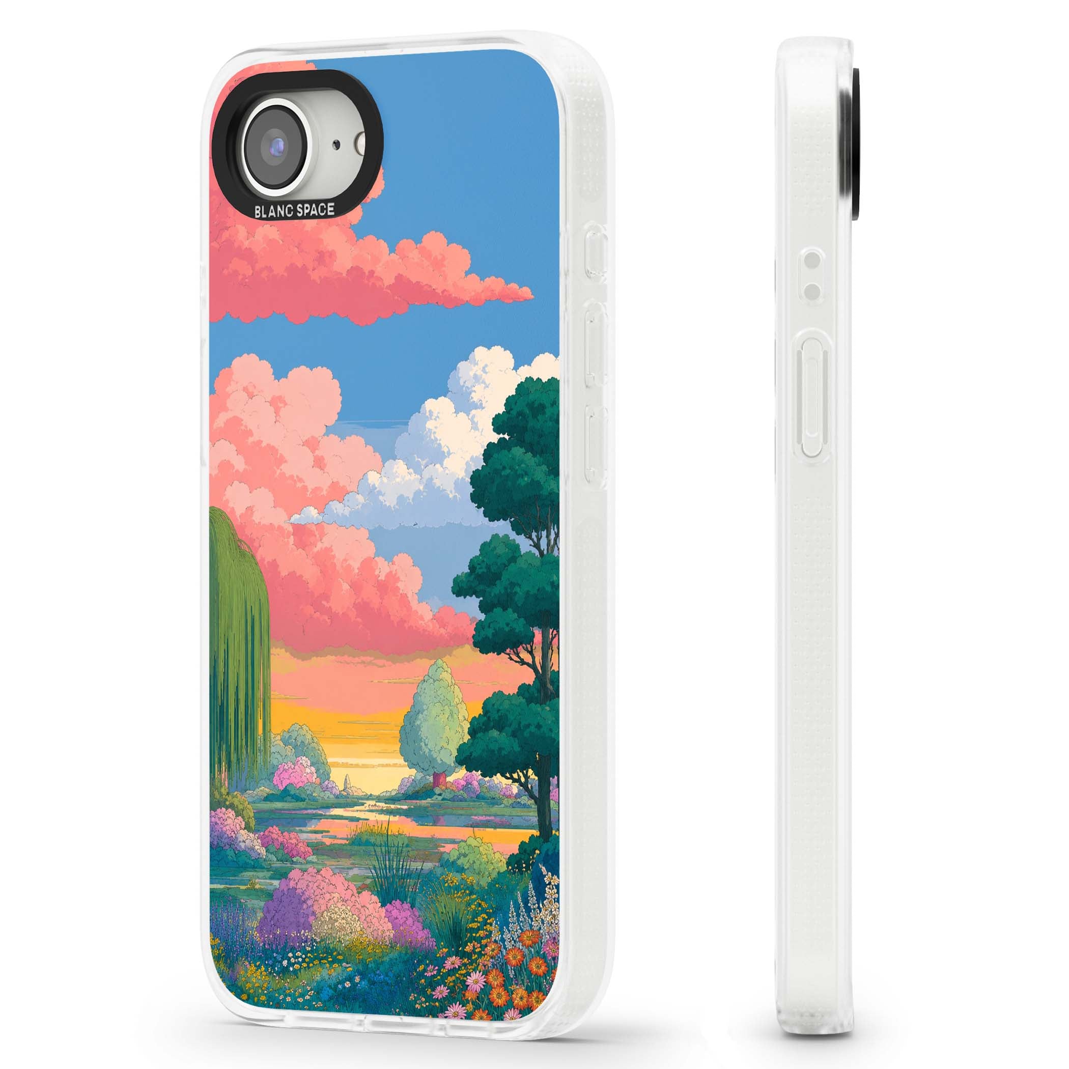 Dream Valley anime landscape iPhone case featuring pink sunset clouds, willow trees and wildflowers | Clear Case Impact Air case for iPhone 16e, iPhone 17e