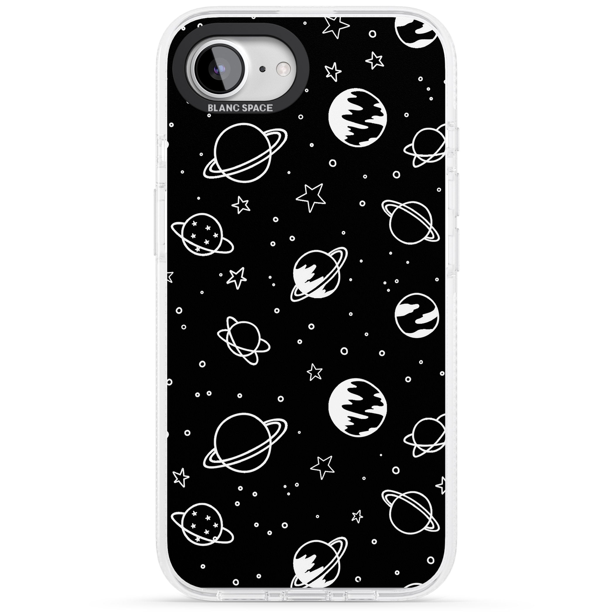 Cosmic Outer Space Design White on Black iPhone 16e Clear Case Impact Air - Blanc Space