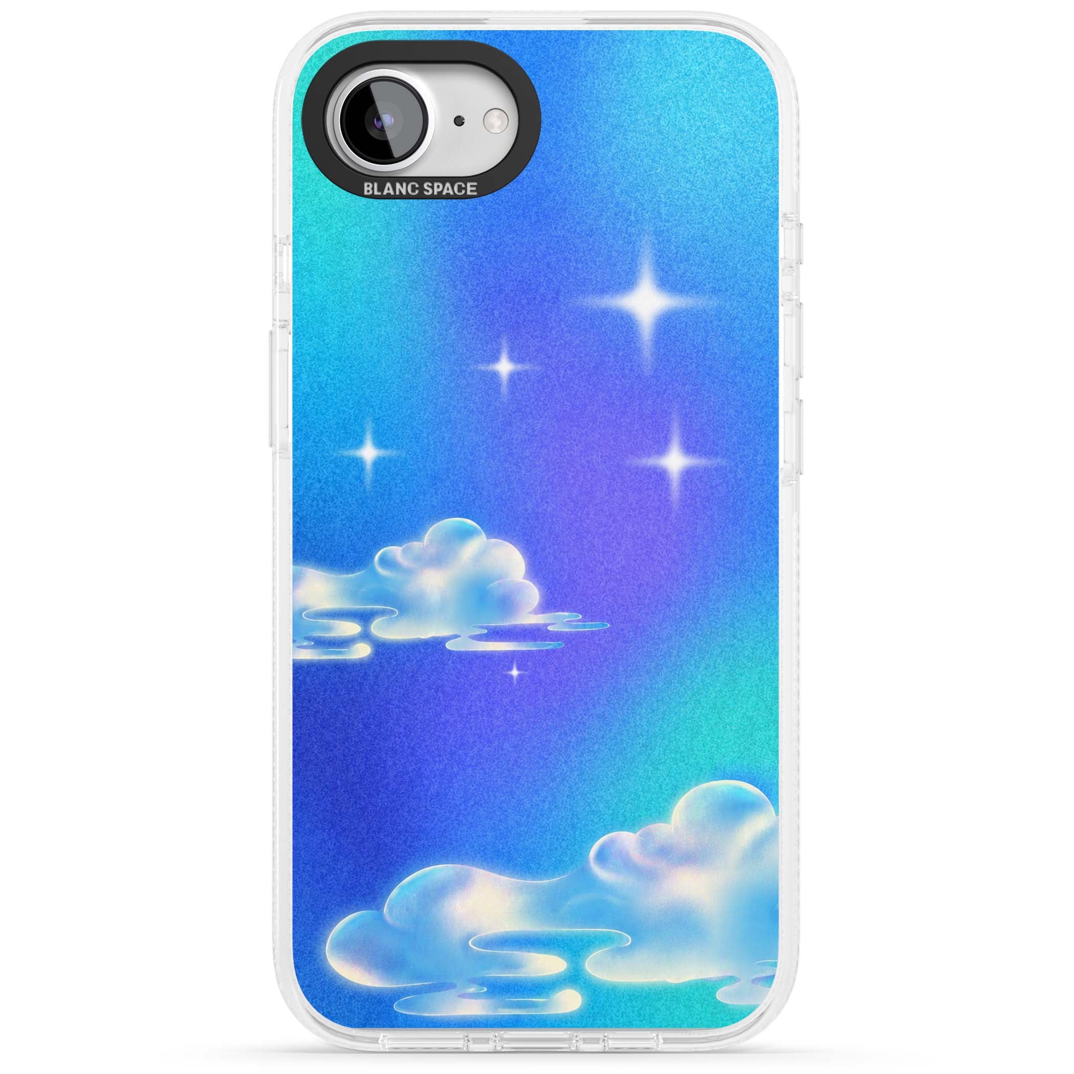 Aurora celestial iPhone case featuring dreamy iridescent clouds, sparkling stars and pastel blue purple sky | Clear Case Impact Air case for iPhone 16e, iPhone 17e