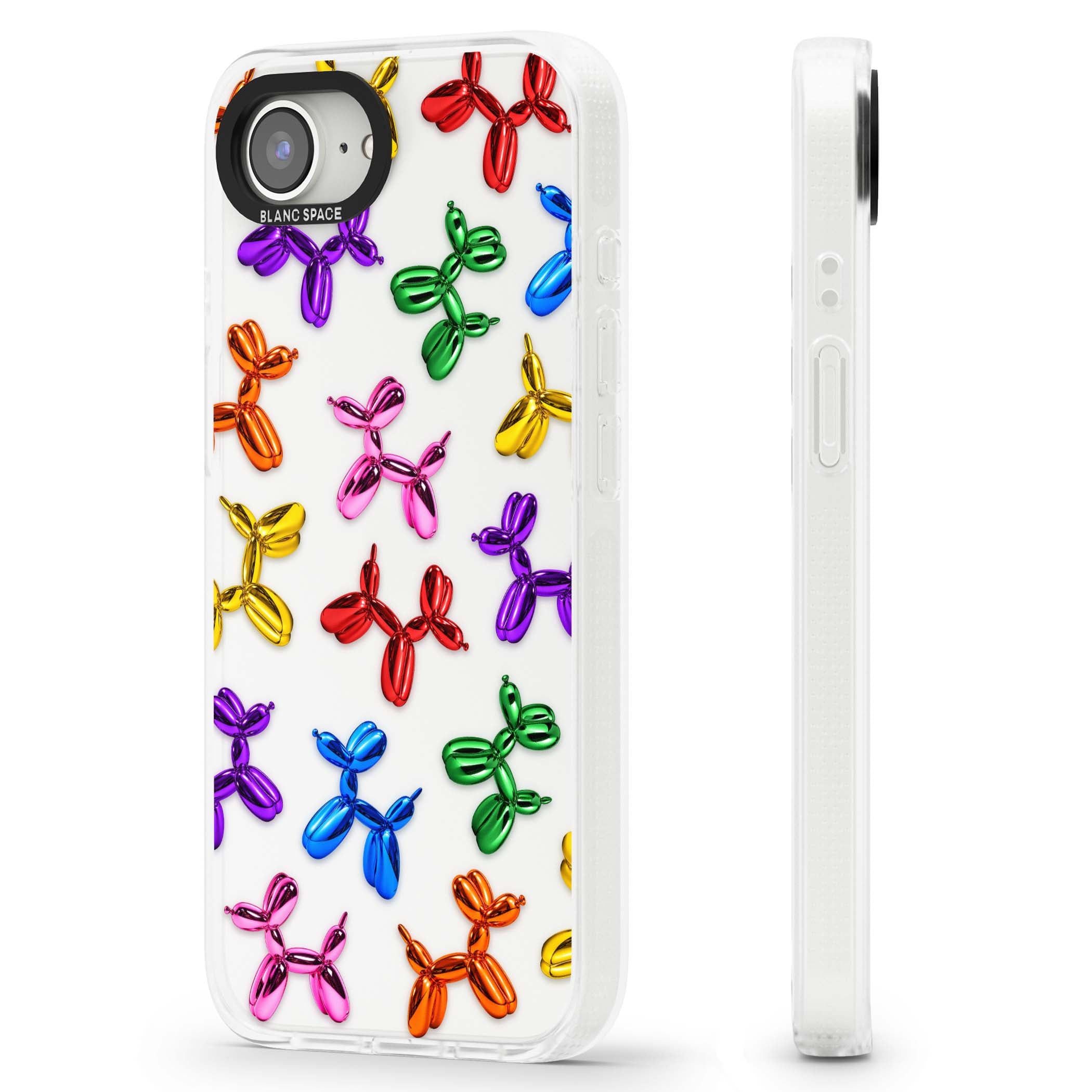 Balloon Dogs pop art iPhone case featuring rainbow chrome balloon dogs in Jeff Koons style | Clear Case Impact Air case for iPhone 16e, iPhone 17e