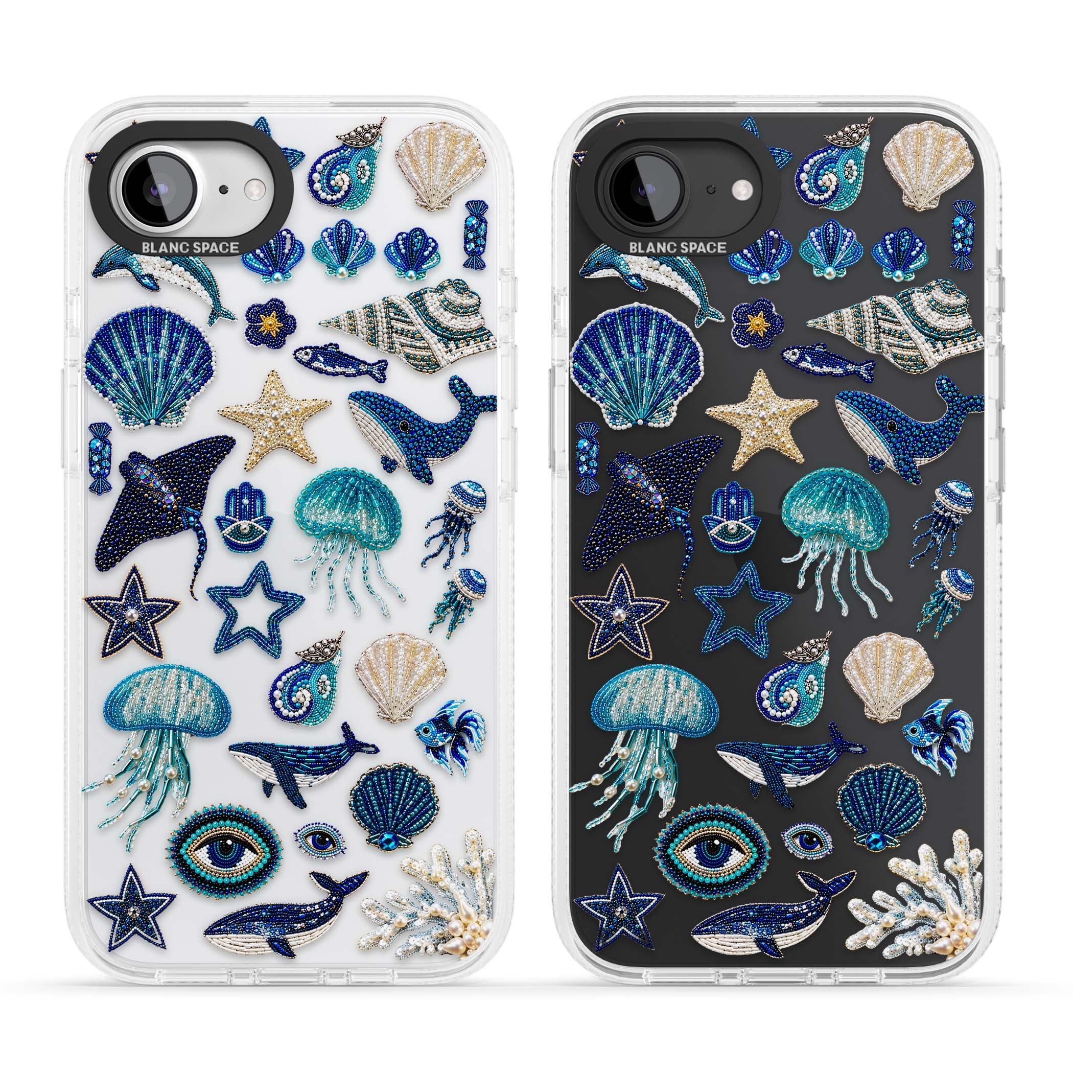 Beaded Coastal coastal iPhone case featuring embroidered seashells, jellyfish and a blue whale on clear | Clear Case Impact Air case for iPhone 16e, iPhone 17e