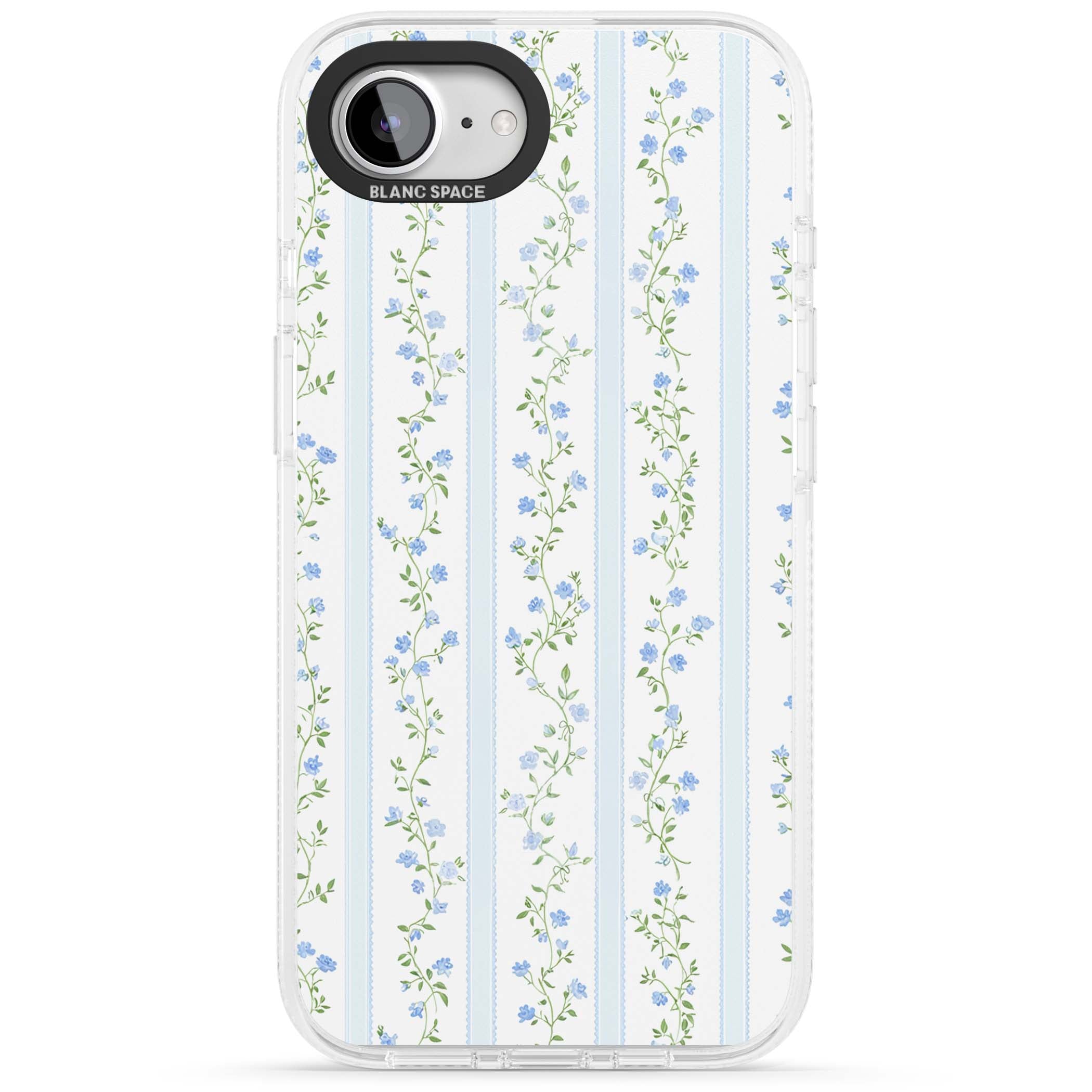 Bluebell Vine cottagecore iPhone case featuring climbing blue roses, trailing green vines, and pale ticking stripes | Clear Case Impact Air case for iPhone 16e, iPhone 17e