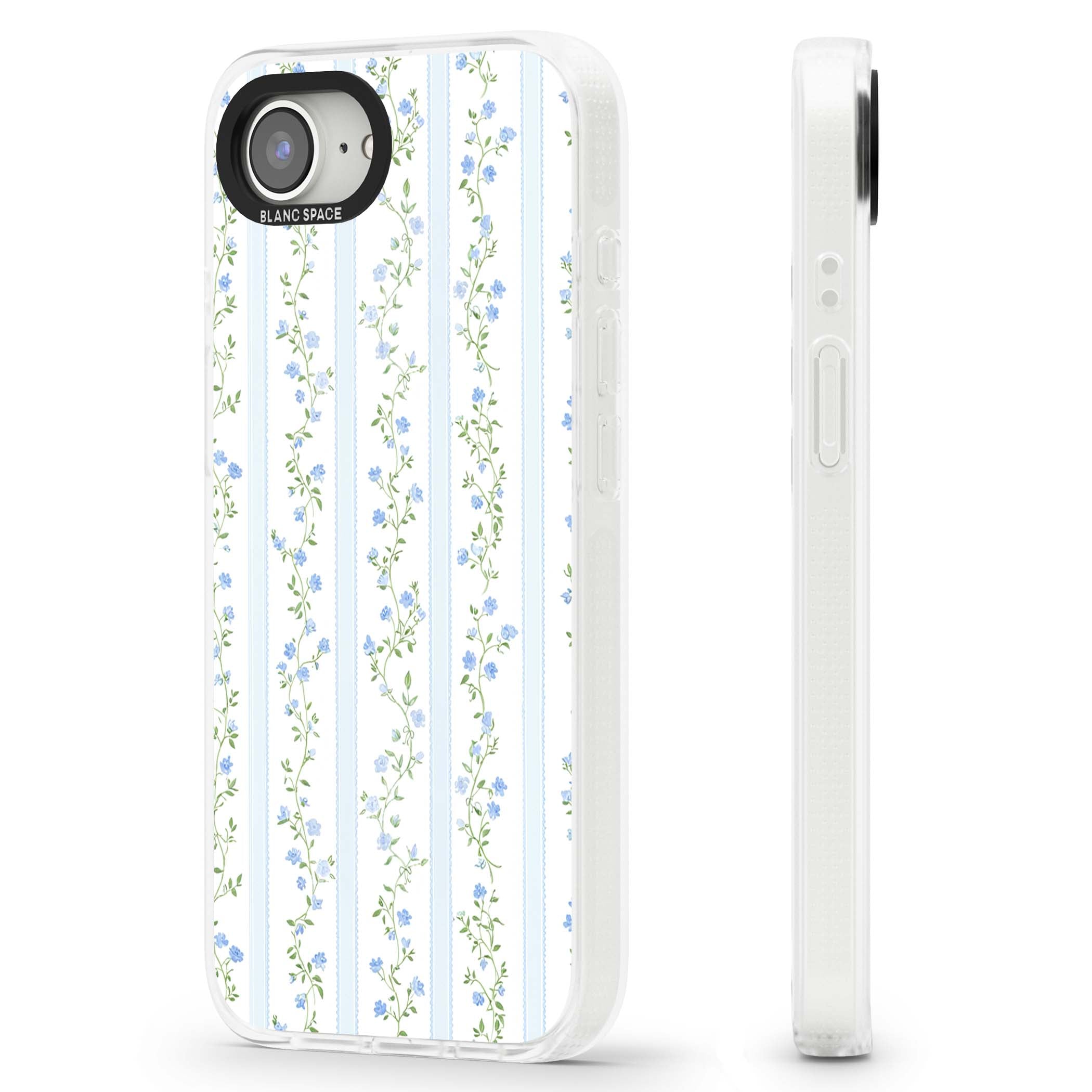 Bluebell Vine cottagecore iPhone case featuring climbing blue roses, trailing green vines, and pale ticking stripes | Clear Case Impact Air case for iPhone 16e, iPhone 17e