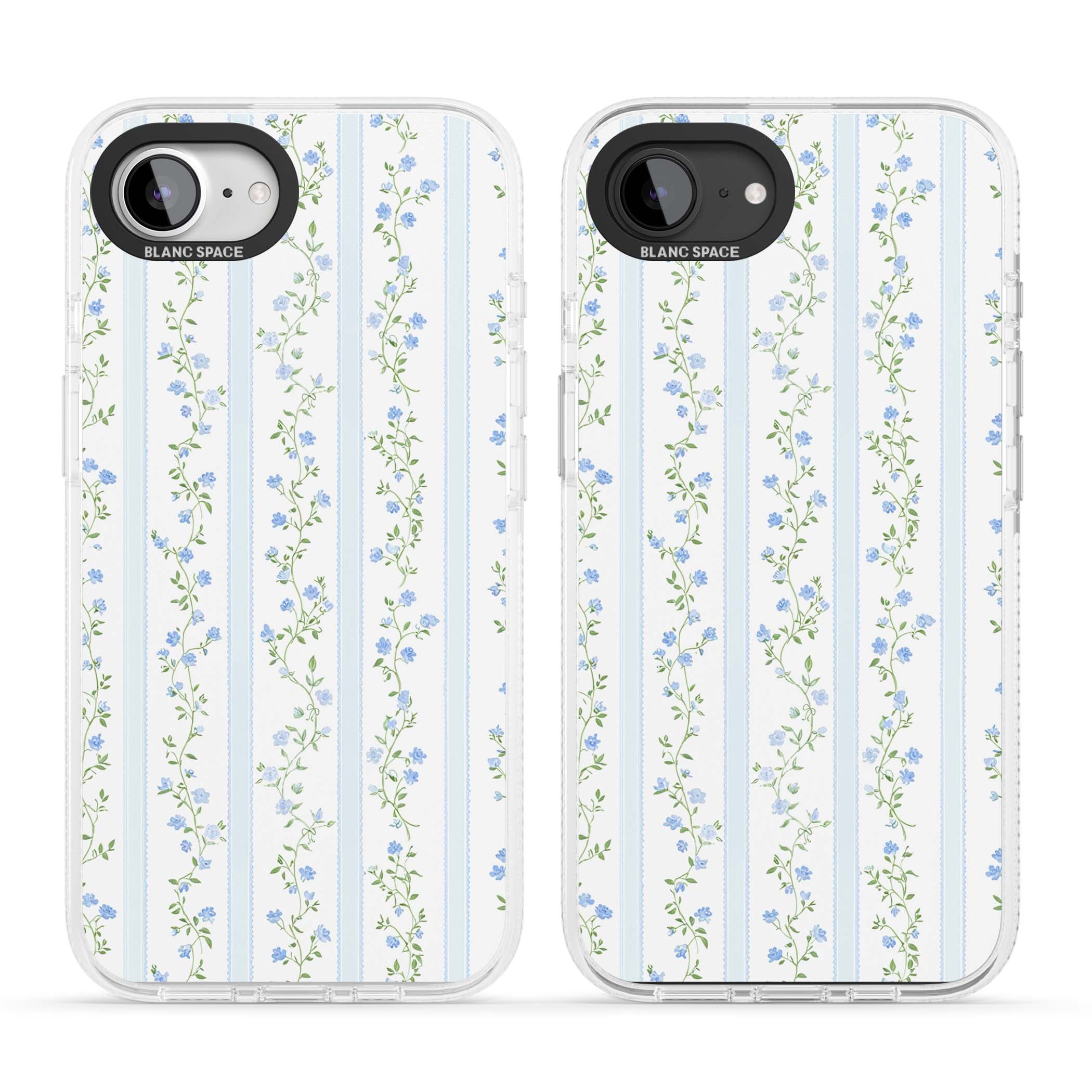 Bluebell Vine cottagecore iPhone case featuring climbing blue roses, trailing green vines, and pale ticking stripes | Clear Case Impact Air case for iPhone 16e, iPhone 17e