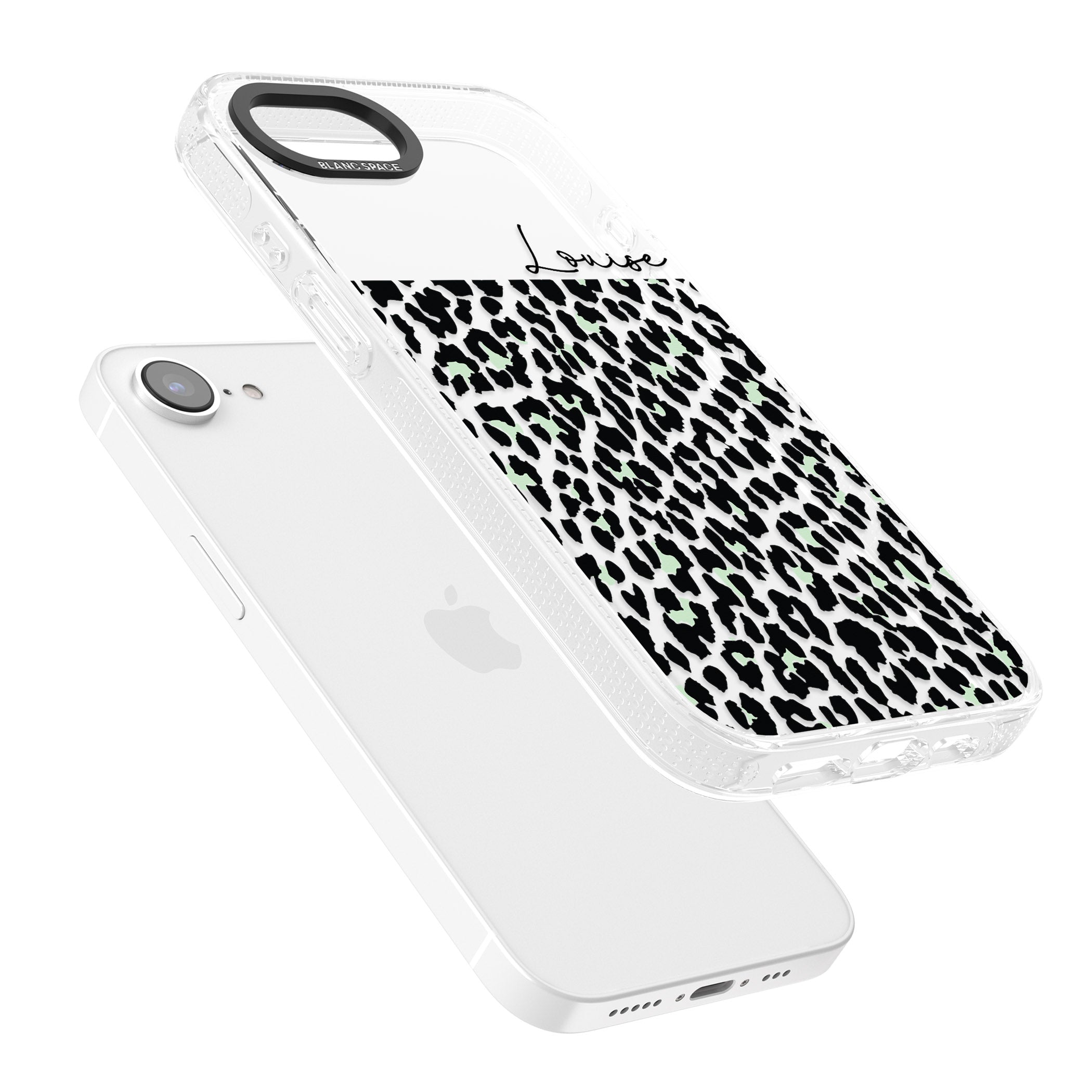Personalised Seafoam Green & Cursive Leopard Spots iPhone 16e Clear Case Impact Air - Blanc Space