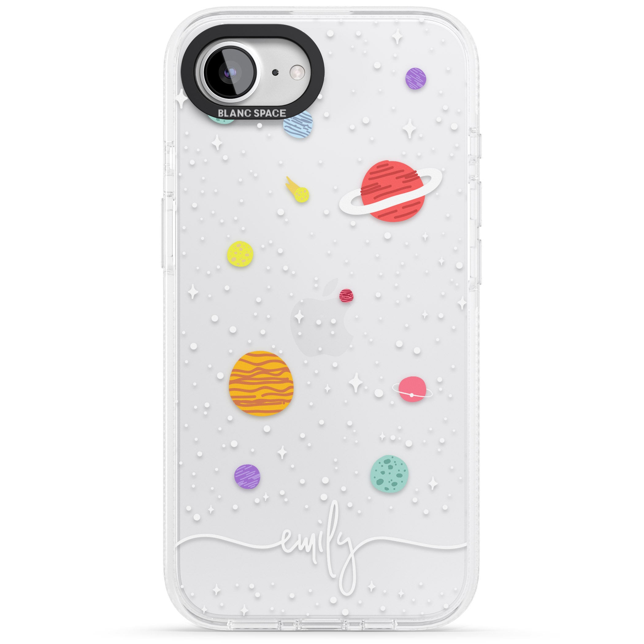 Personalised Cute Cartoon Planets (Clear) iPhone 16e Clear Case Impact Air - Blanc Space