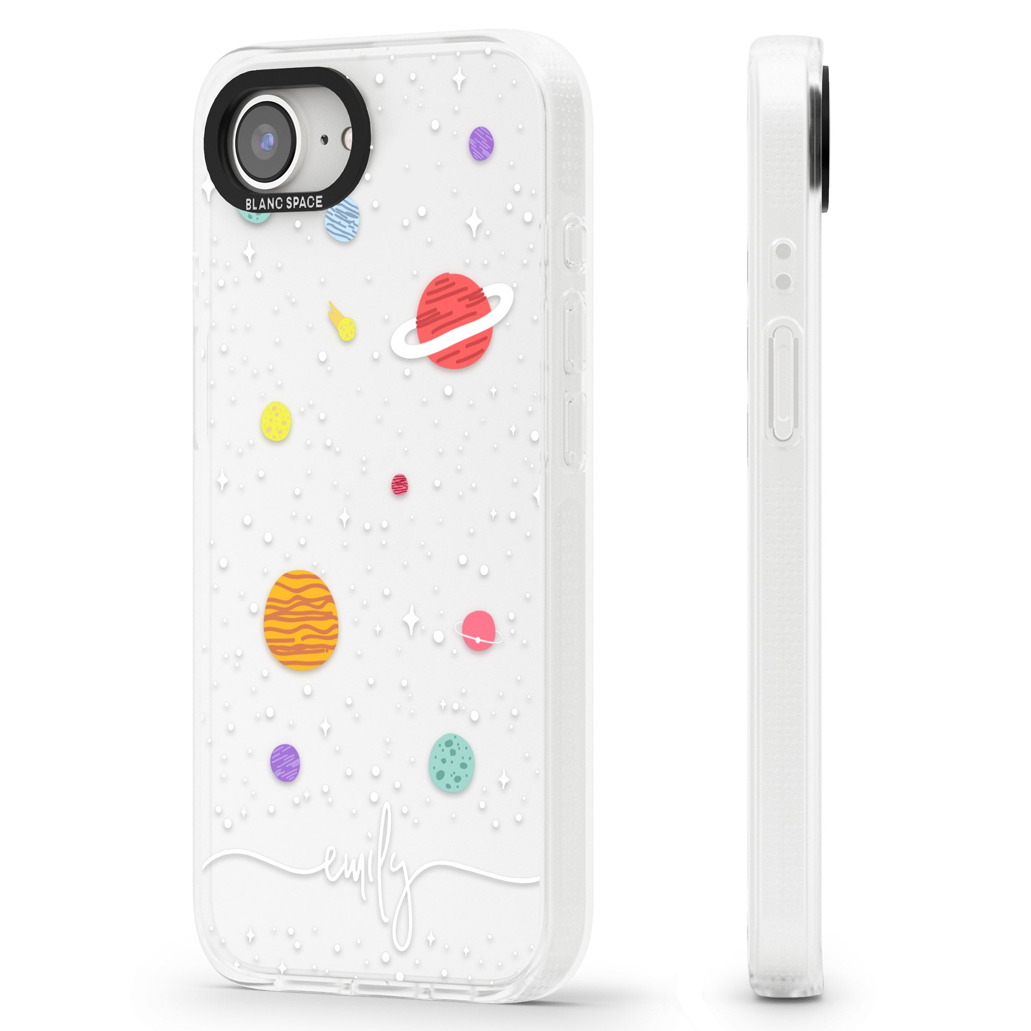 Personalised Cute Cartoon Planets (Clear) iPhone 16e Clear Case Impact Air - Blanc Space