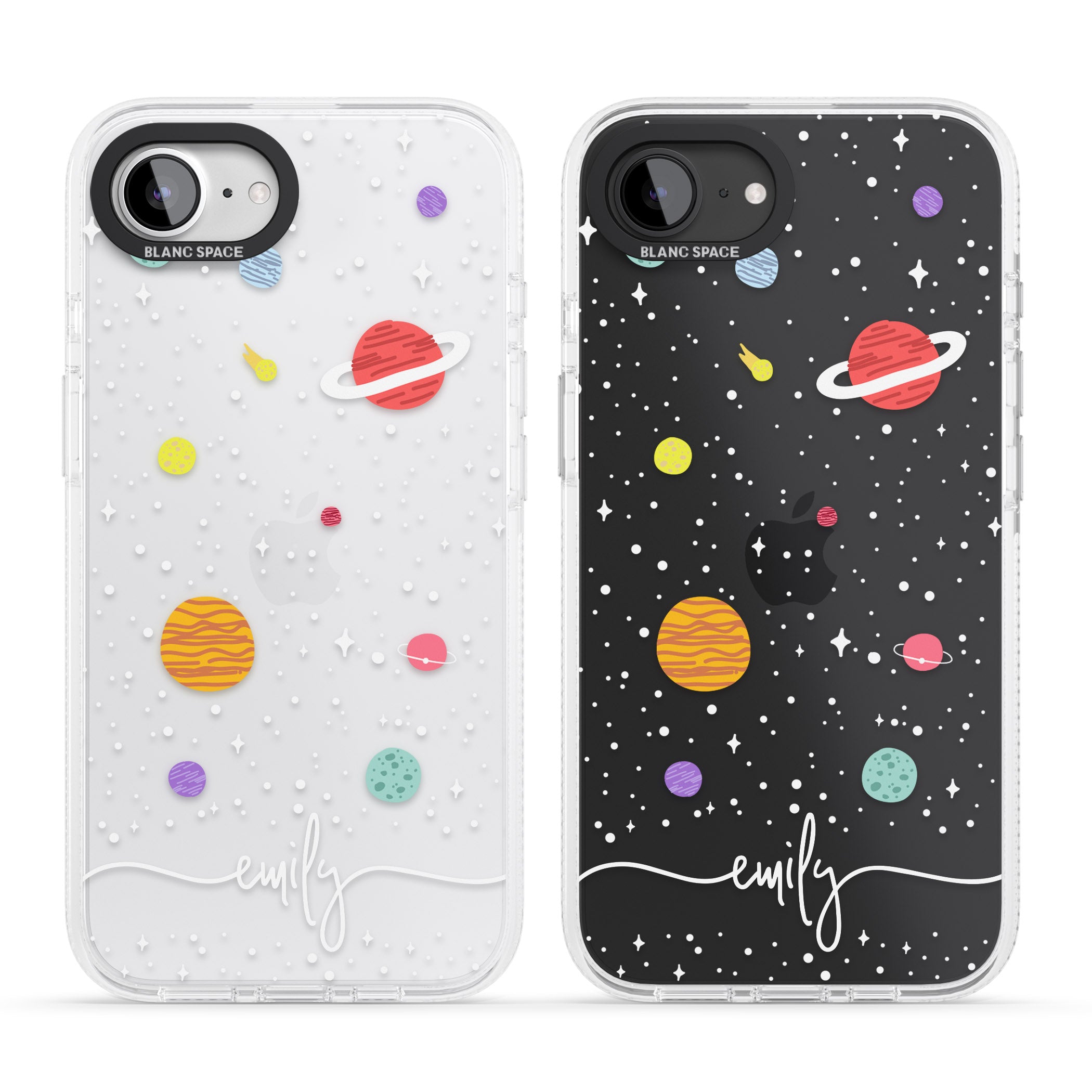 Personalised Cute Cartoon Planets (Clear) iPhone 16e Clear Case Impact Air - Blanc Space