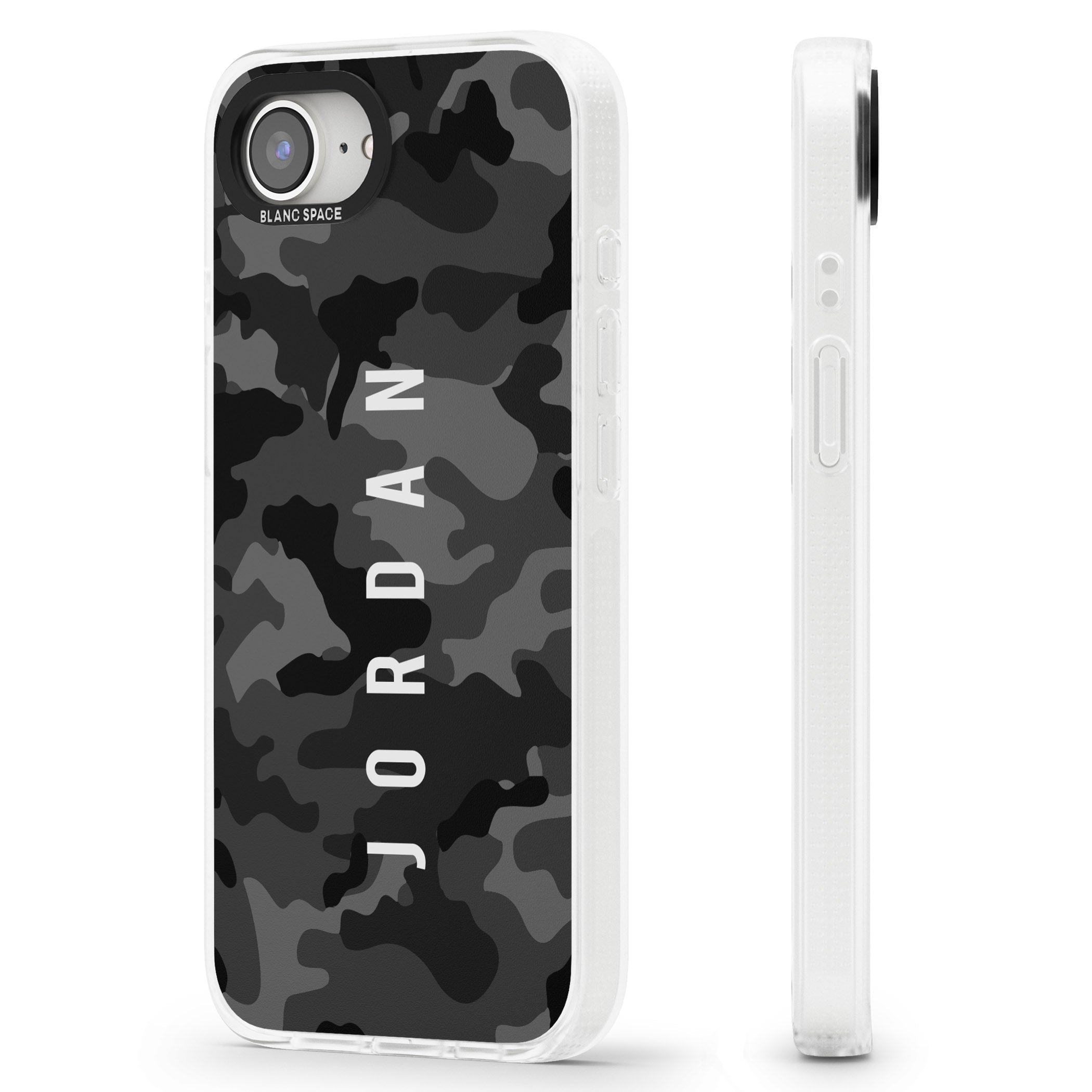 Personalised Small Vertical Name Black Camouflage iPhone 16e Clear Case Impact Air - Blanc Space