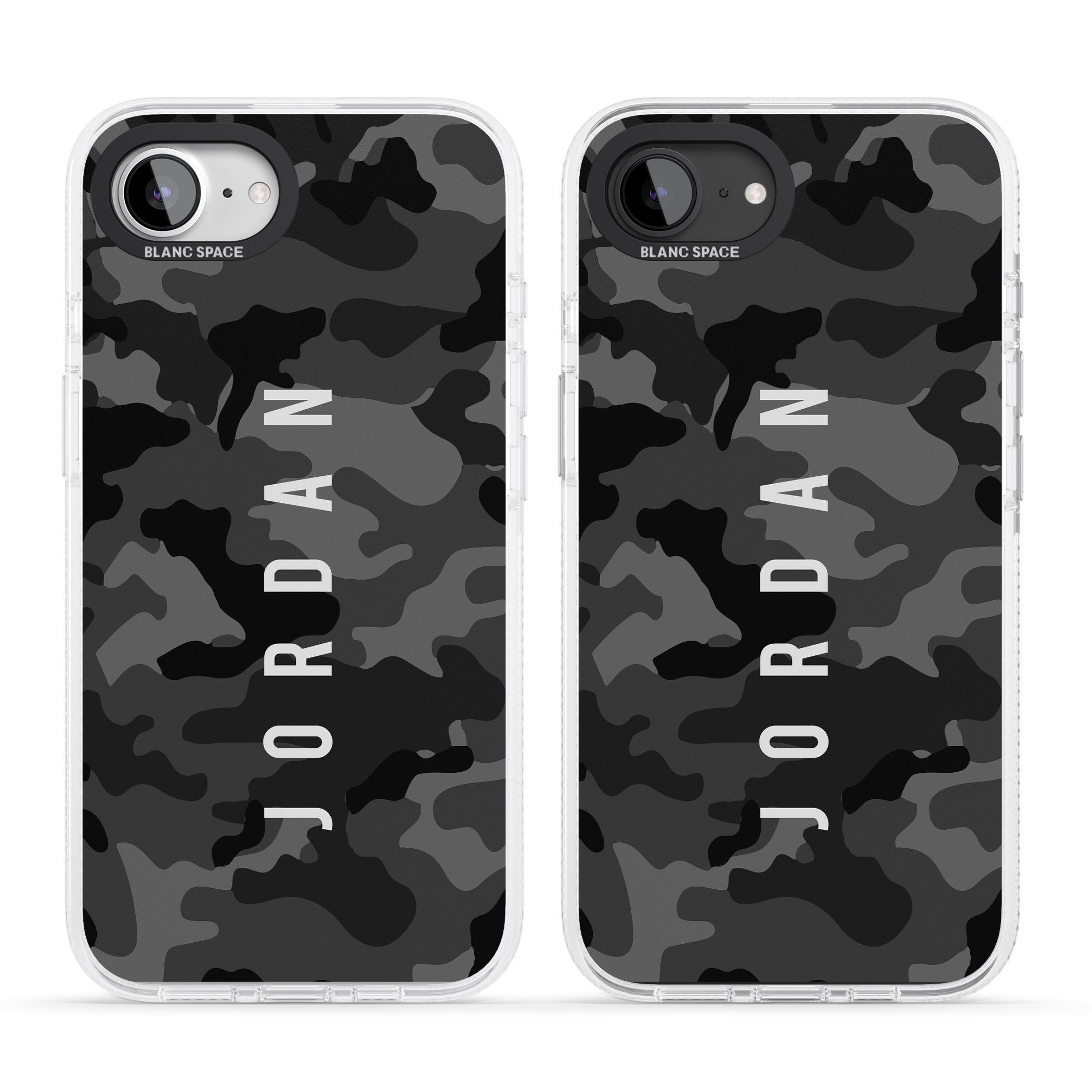 Personalised Small Vertical Name Black Camouflage iPhone 16e Clear Case Impact Air - Blanc Space